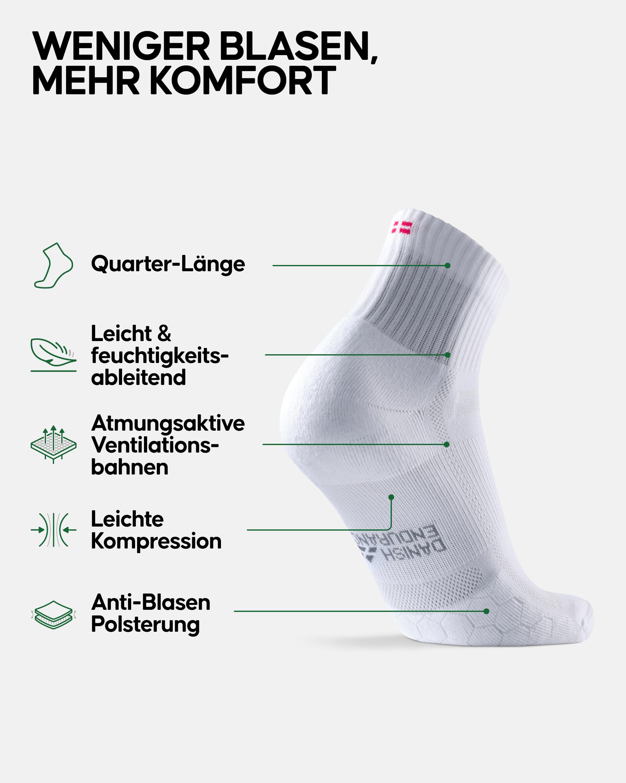 DANISH ENDURANCE Quarter Laufsocken, Knöchelhohe Sportsocken, Atmungsaktive Socken, Leichte Kompression, Gepolstert & Anti-Schweiß, Damen & Herren, 3 Paar