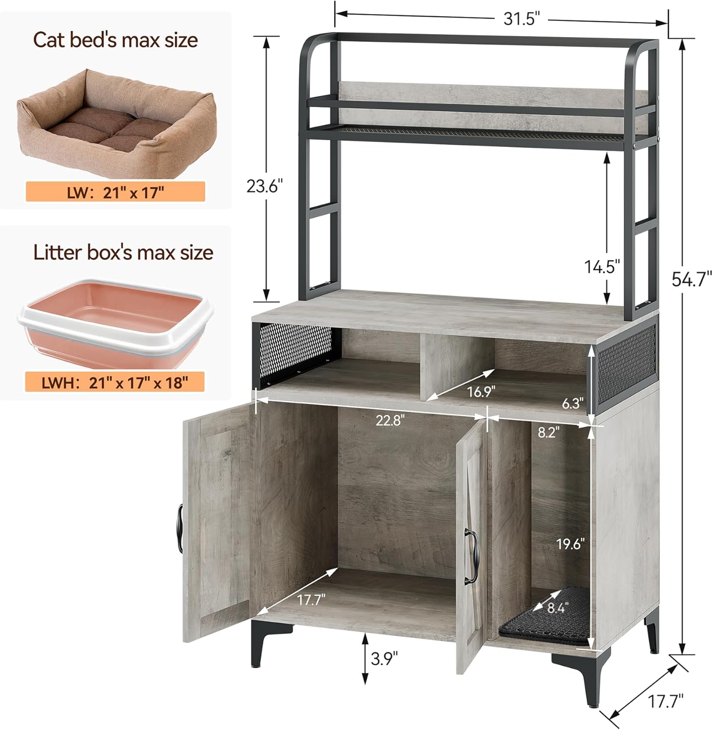 GAOMON Cat Litter Box Enclosure, 3 Shelves, Modern Style, Hidden Litter Box Furniture with Storage and Doors, Grey