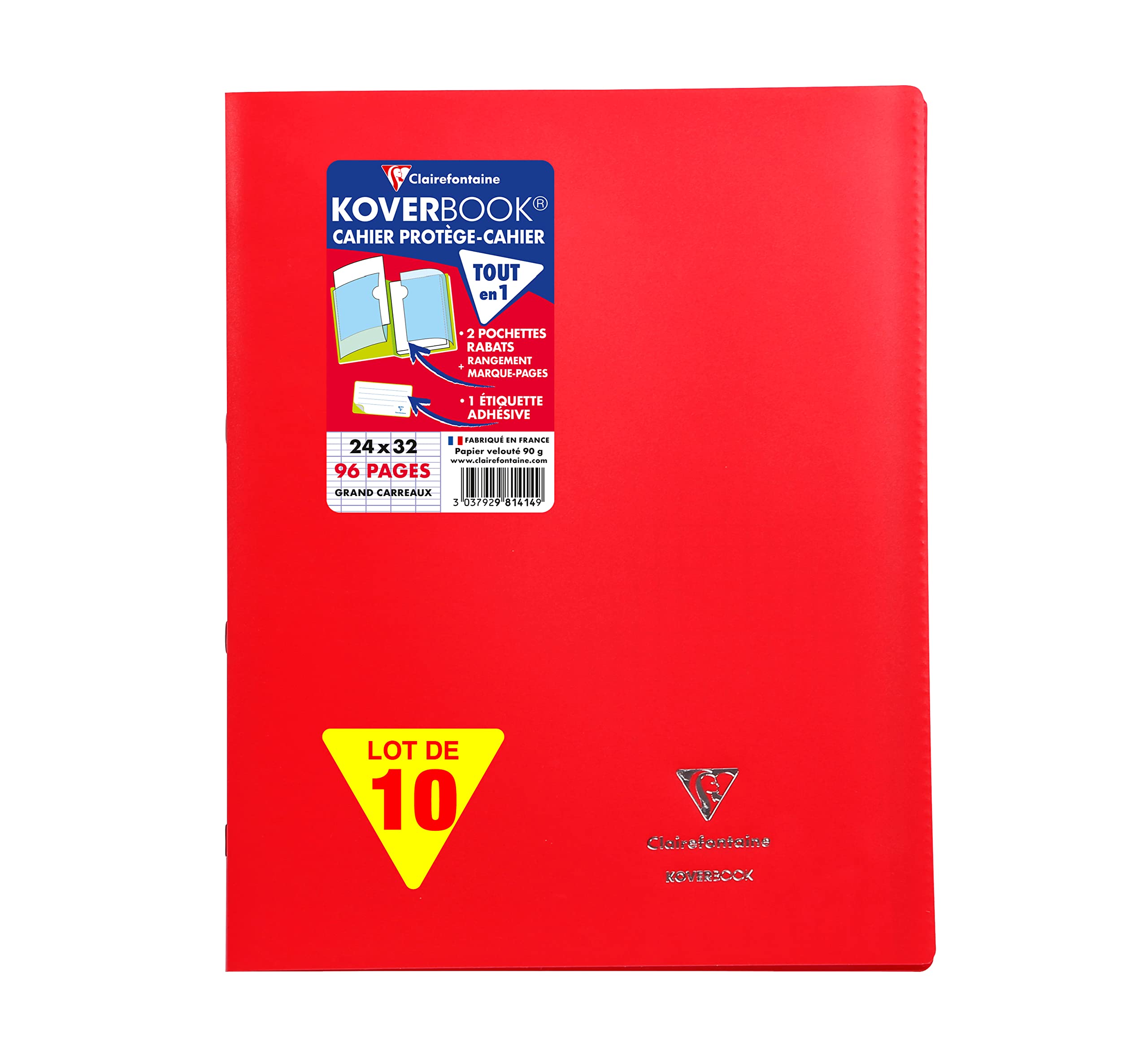 Clairefontaine 981414C Lot 10 Cahiers Agrafés Koverbook Rouges - 24x32