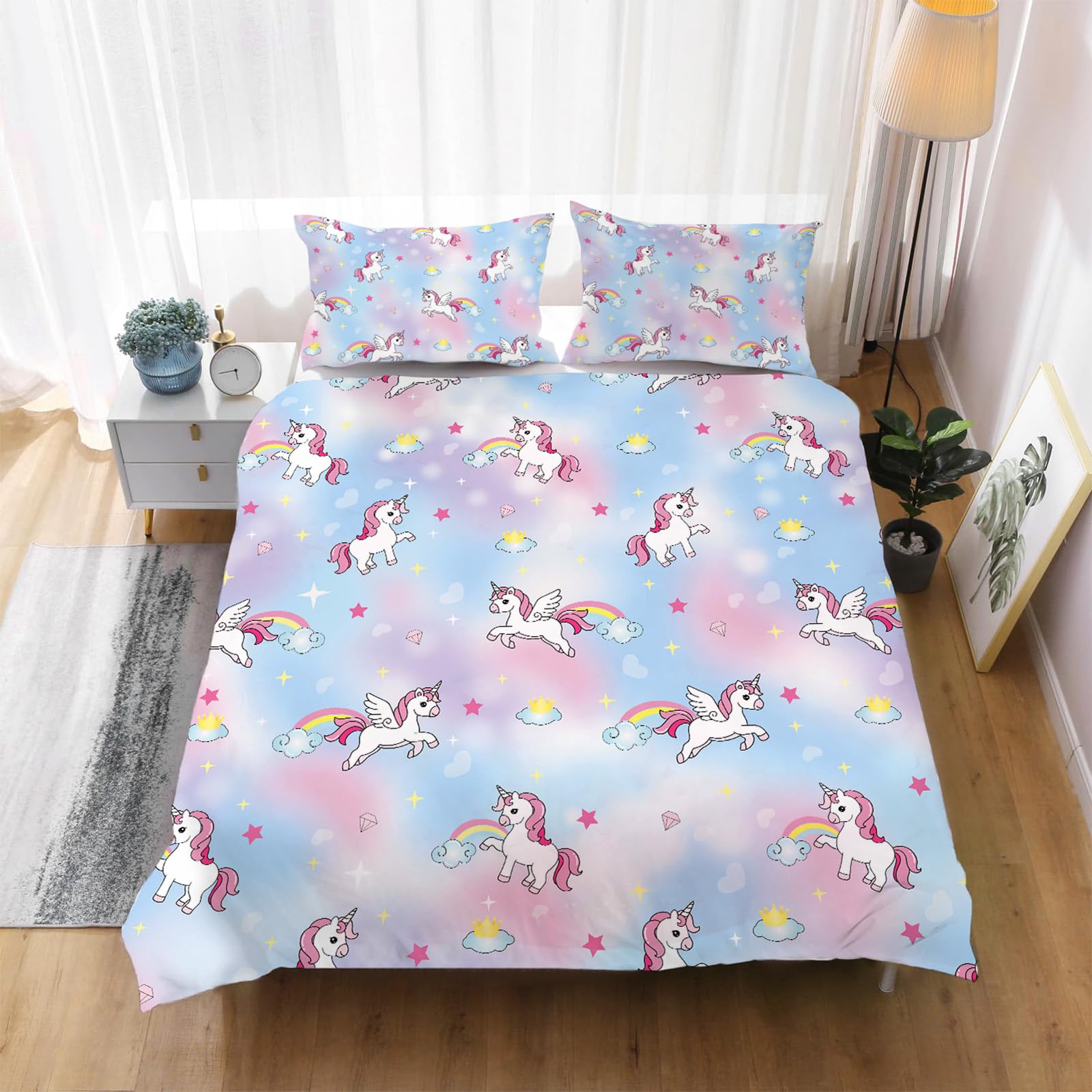 INTOMENG Unicorn Bedding Kids Double Duvet Set for Girls Pink Blue Bedding Quilt Cover Set 200×200cm Microfibre Duvet Covers and 2 Pillowcases 50×75cm 3D Printing Crown Auspicious Cloud Pattern - Image 3