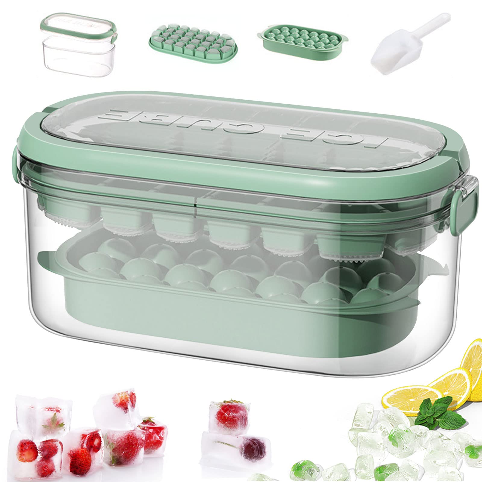 Cubiteras para Hielo de Silicona con tapa y recipiente, Moldes redondos y cuadrados de 54 piezas + pala - Perfectos para Bebidas y Congelador