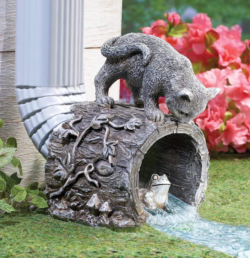 Gutter Downspout Extension - Downspout Splash Block - Downspout Diverter Garden Statue (Playful Chasing Kitty and Frog)