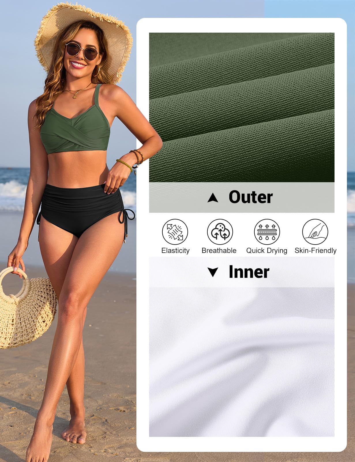 Nadeer Costume da Bagno Donna Push Up Scollo a V Imbottito Reggiseno Due Pezzi Bikini Pantaloncini da Bagno con Coulisse Laterale a Pieghe Sexy Spiaggia Beachwear Swimwear
