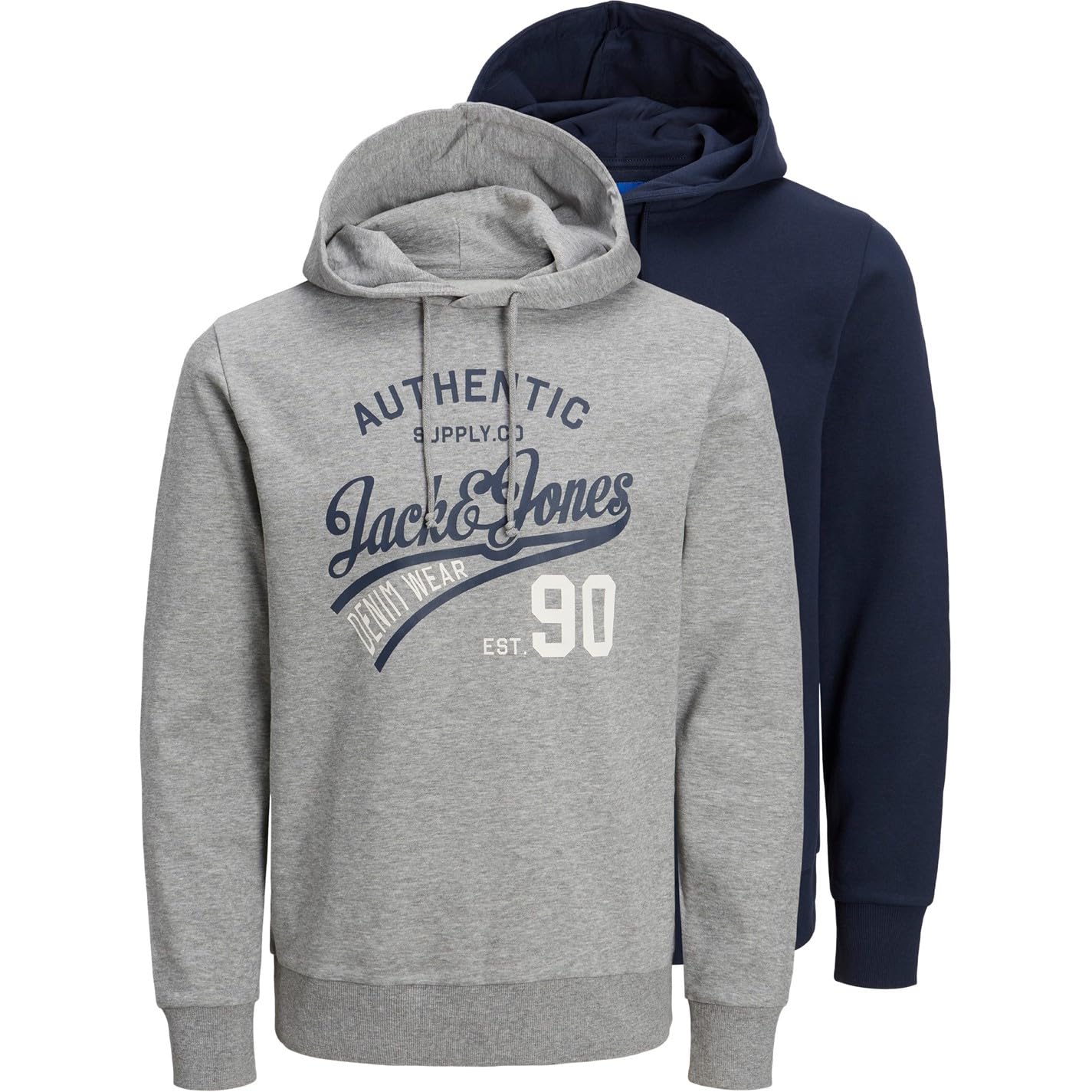 JACK & JONES Mens Ethan 2 Pack Hoodie Navy/Light Grey Marl L