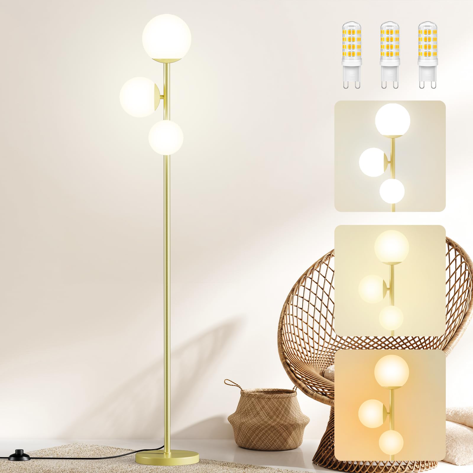 Stehlampe für Wohnzimmer, 18W Modernes Stehlicht mit 3 Farbtemperaturen, Hohe Lampe mit Fußschalter, 3*G9-Glühbirnen|Lampenschirm, Augenschonende Stehlampen für Schlafzimmer Wohnzimmer Büro (Gold)