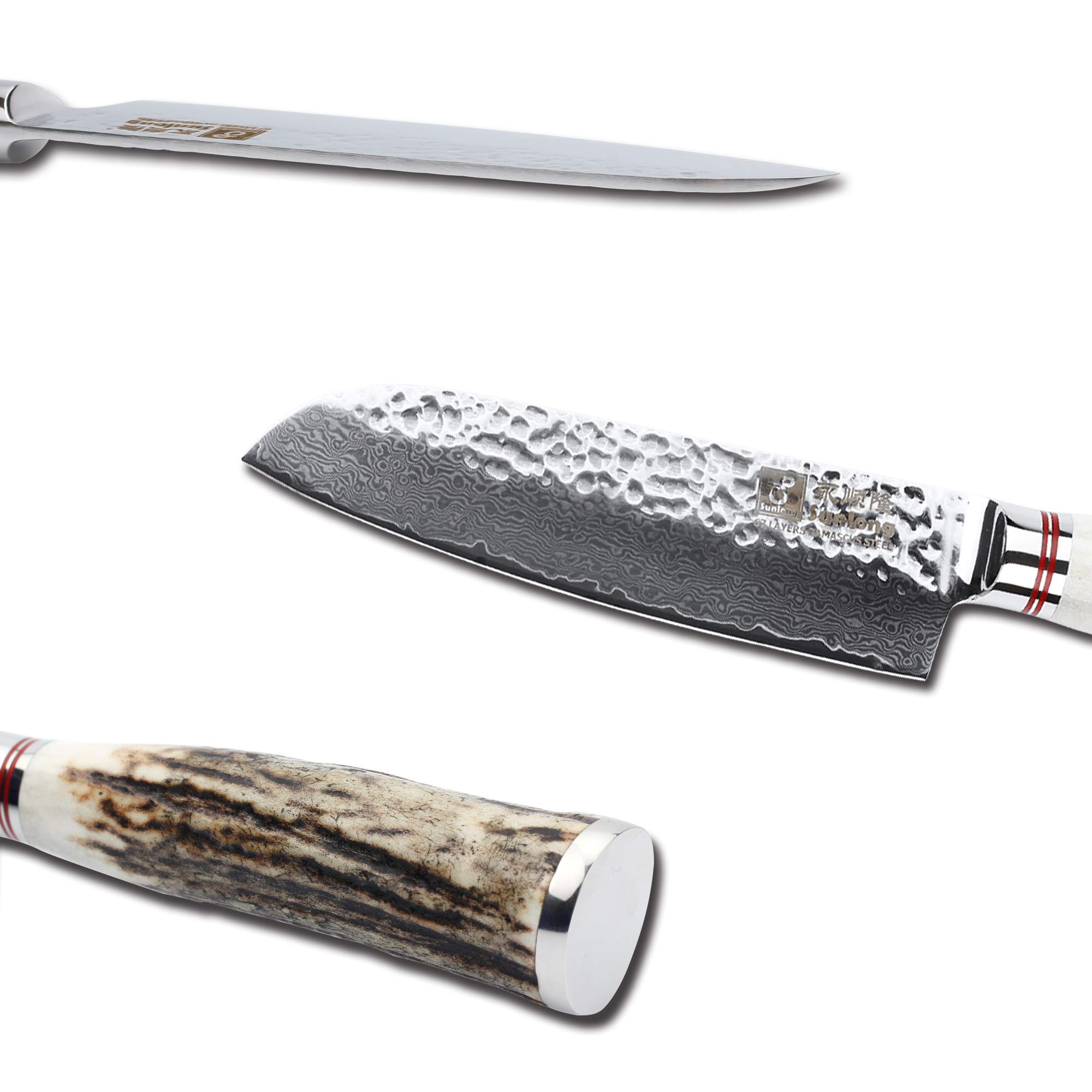 Sunlong Couteaux Santoku 12,7cm Couteaux de chef - Acier damas japonais - Poignée naturelle de cerf