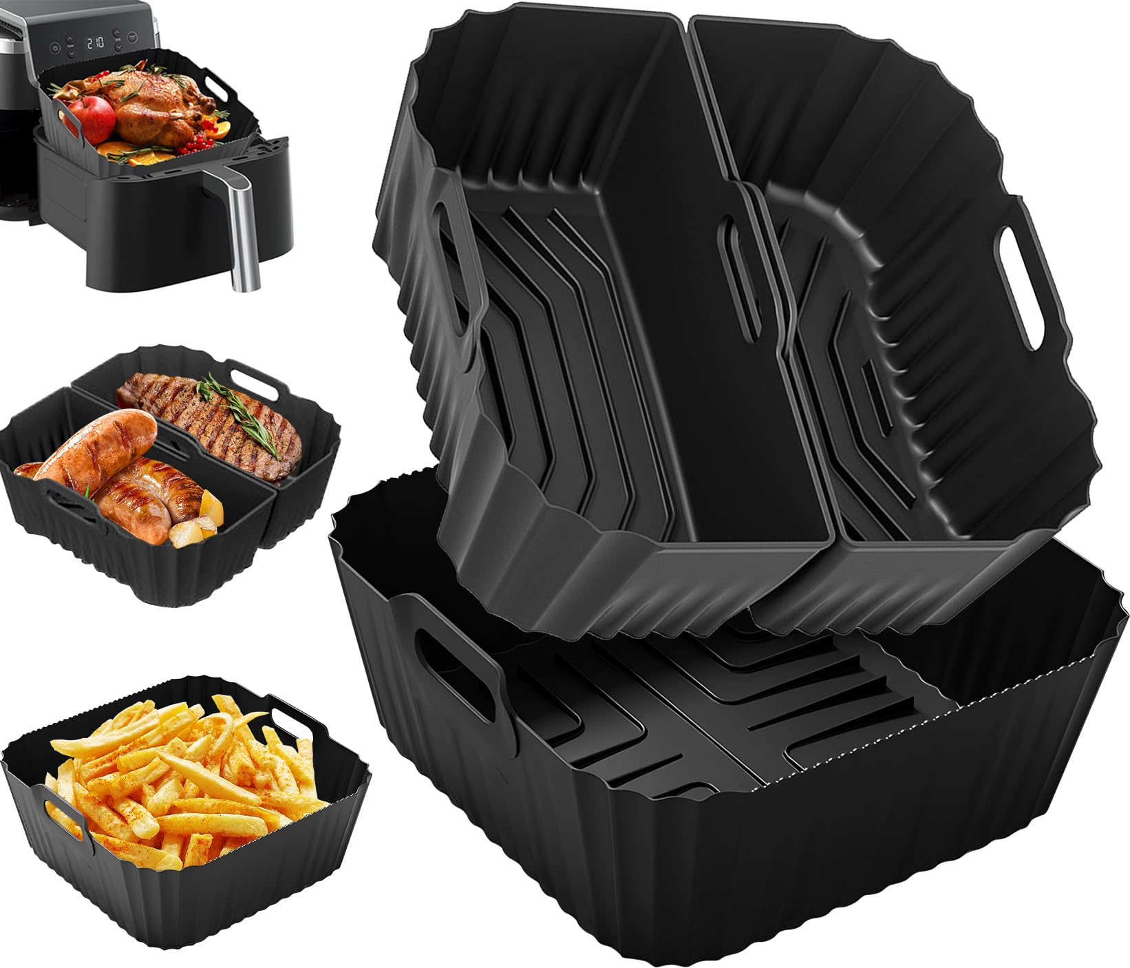 Molde Silicona Freidora de Aire 19-23cm Para Cosori 4,7L/5,5L/6L/6,4L, Cecotec 5L/5,5L/6L, Aigostar 6,5L/7L, Reutilizable Cuadrado Airfryer Accessoire para Freidora sin Aceite, Microondas, Horno