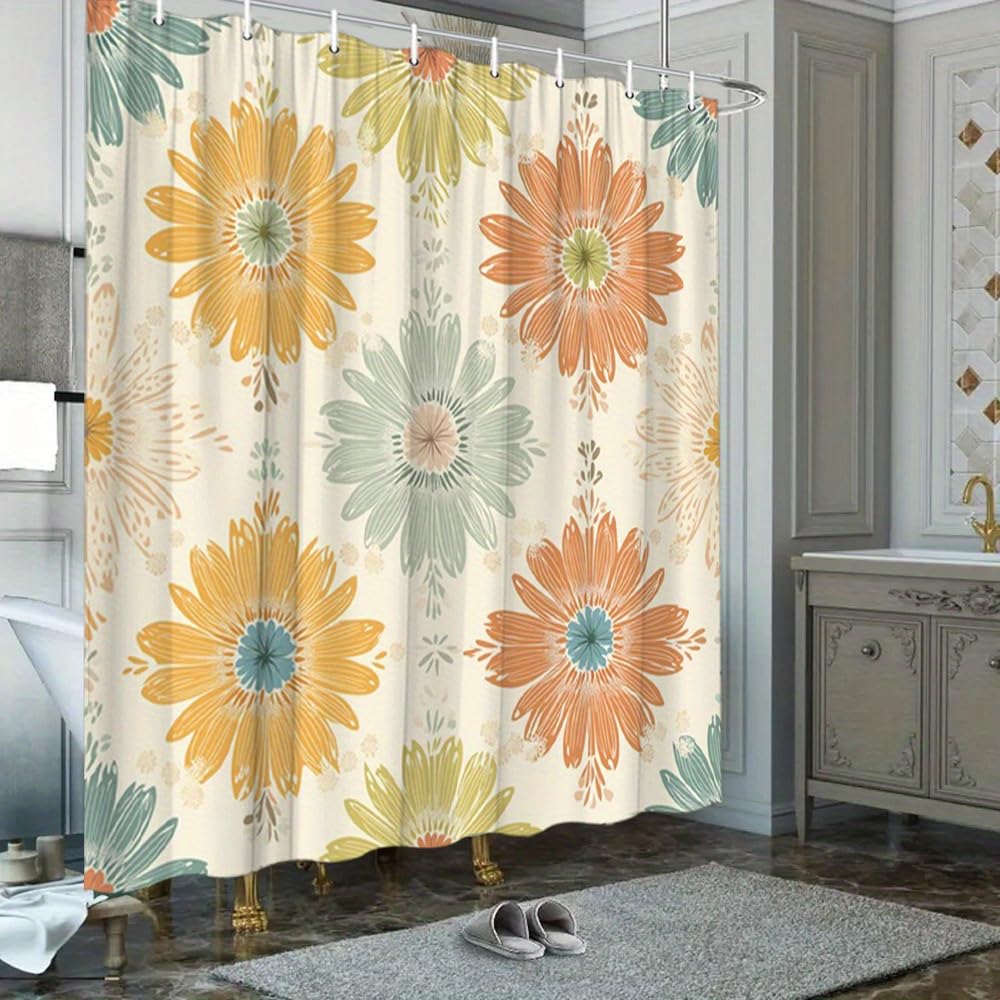 GLWDMB 1 Piece 180x200CM Vintage Daisy Printed Shower Curtain With Hook, Polyester, for Windows And Walls, Bathtub, Bathroom, Machine Washable, All Season Universal
