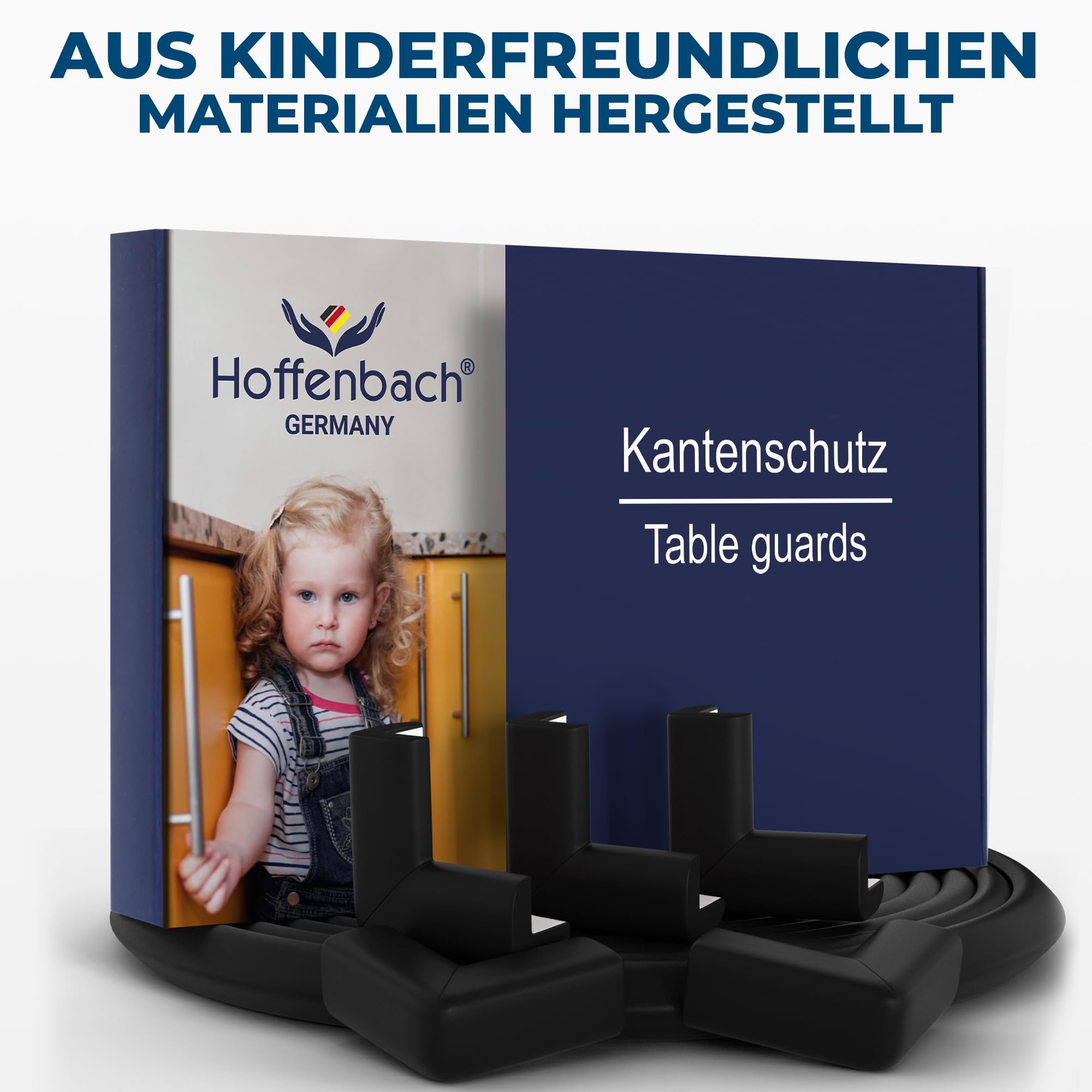 Hoffenbach Kantenschutz Baby aus Schaumstoff – 6,2m Tischkantenschutz & 12x Eckenschutz – Tischecken Kindersicherung – Selbstklebender Schutz für Kinder, Bett, Fensterbank & Schreibtisch – Schwarz