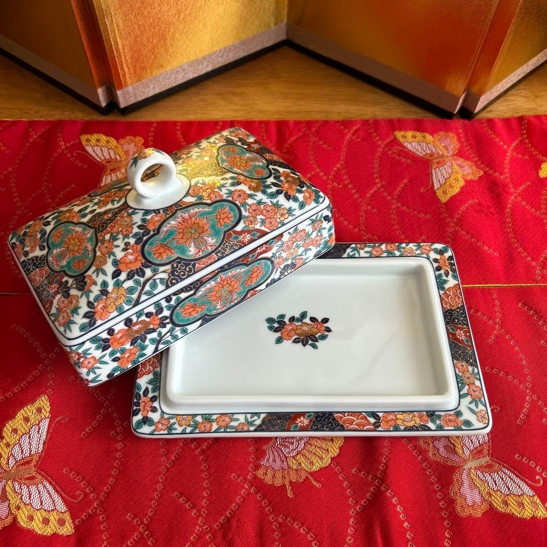 有田焼 彌右衛門窯 金彩古伊万里 染錦牡丹柄 バターケース 有田焼 極