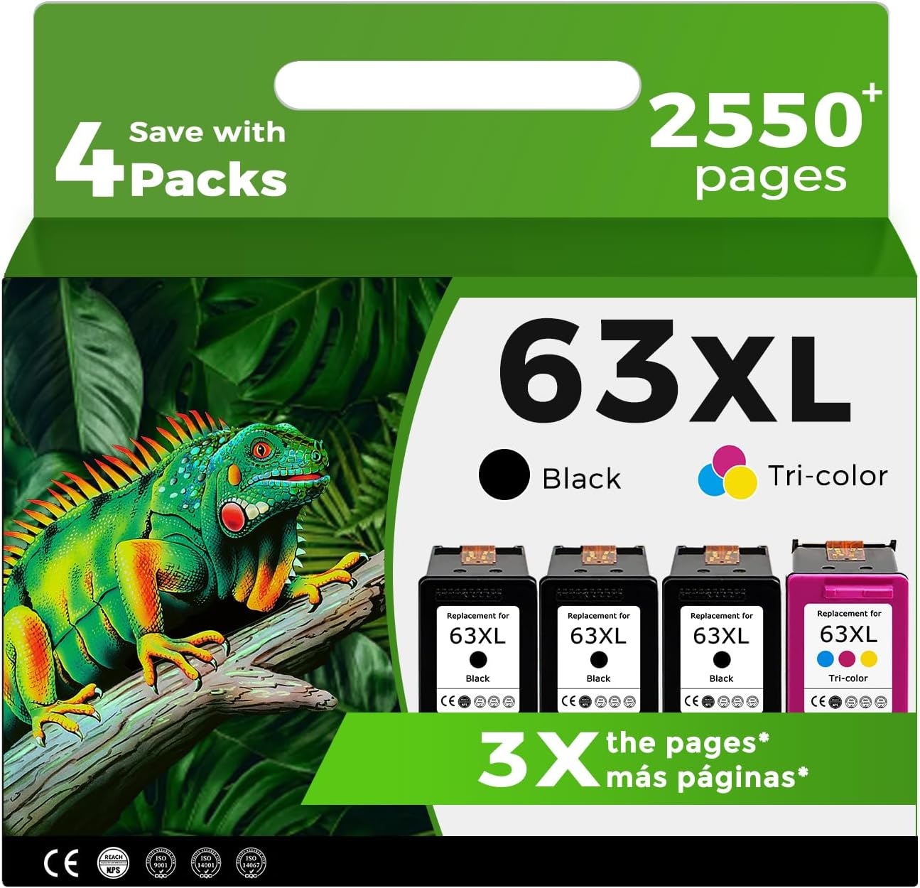 Relcolor 63XL Ink Cartridges Replacement for HP 63 XL Black Color Combo 4-Pack for HP63 HP63XL for 4650 3830 5255 4520 5258 3630 4652 4655 5200 4512 3632 5252 2132 1112 3631 2130 4510 3634 3833 4511