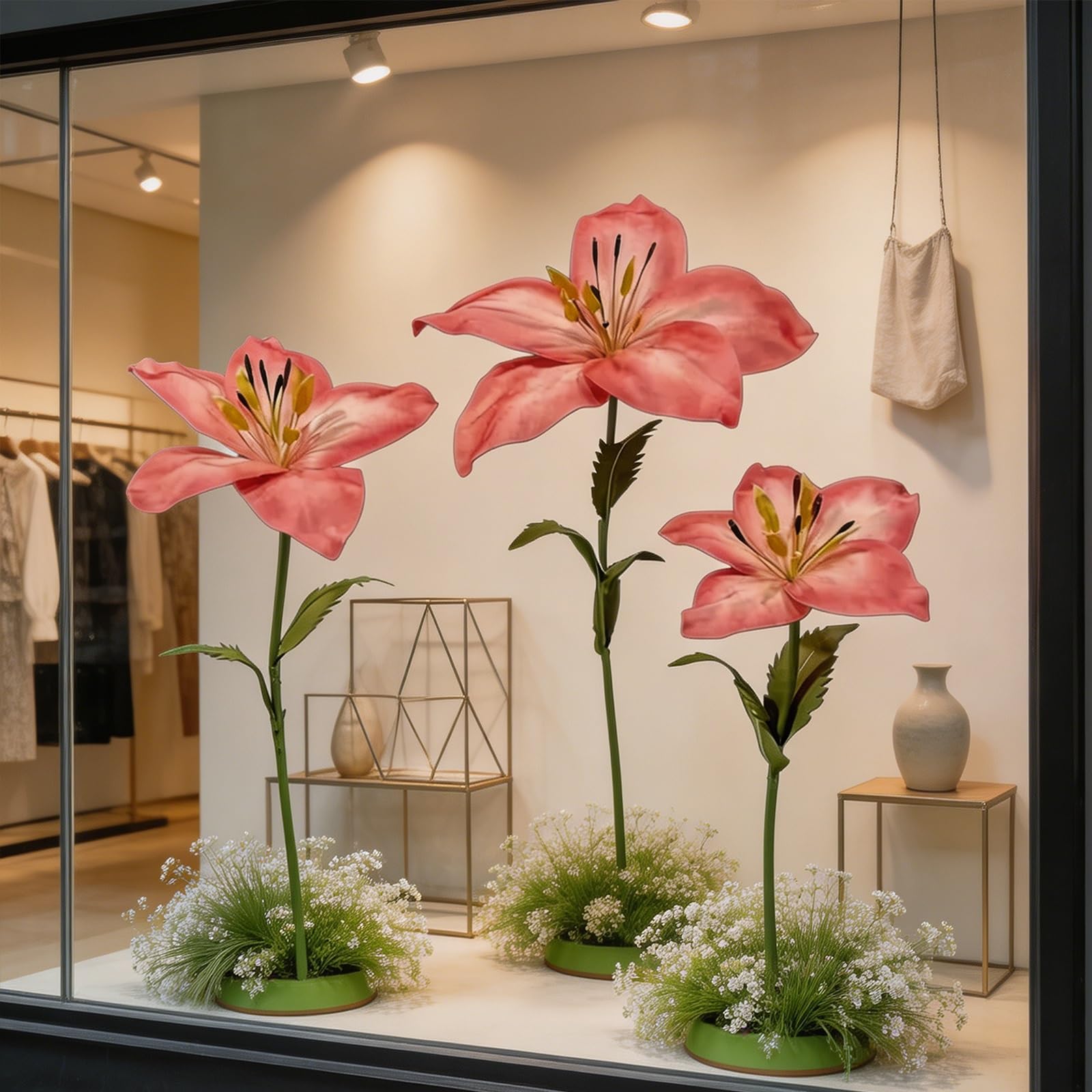 3er Set Übergroße Künstliche Lilien mit Stielen & Basen, Blumendeko | Riesige Künstliche Blumen mit Wiederverwendbaren Stielen und Basen, Ideal für Hochzeit, Schaufenster und Feste(J)