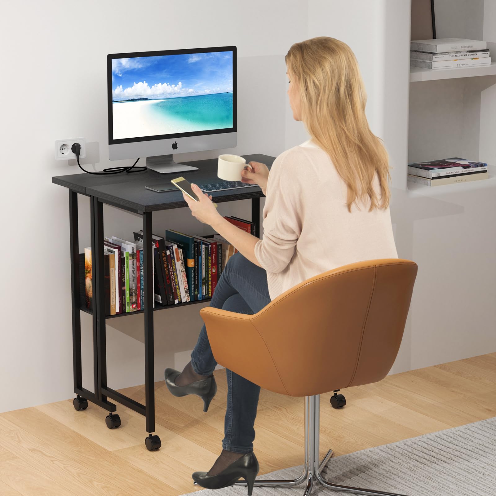 Scrivania Salvaspazio, Scrivania Computercon 6 Ruote, Scrivania Richiudibile, Struttura in Metallo, Moderna e Semplice per ufficio, Studio, Camera da Letto 80x58x75 cm