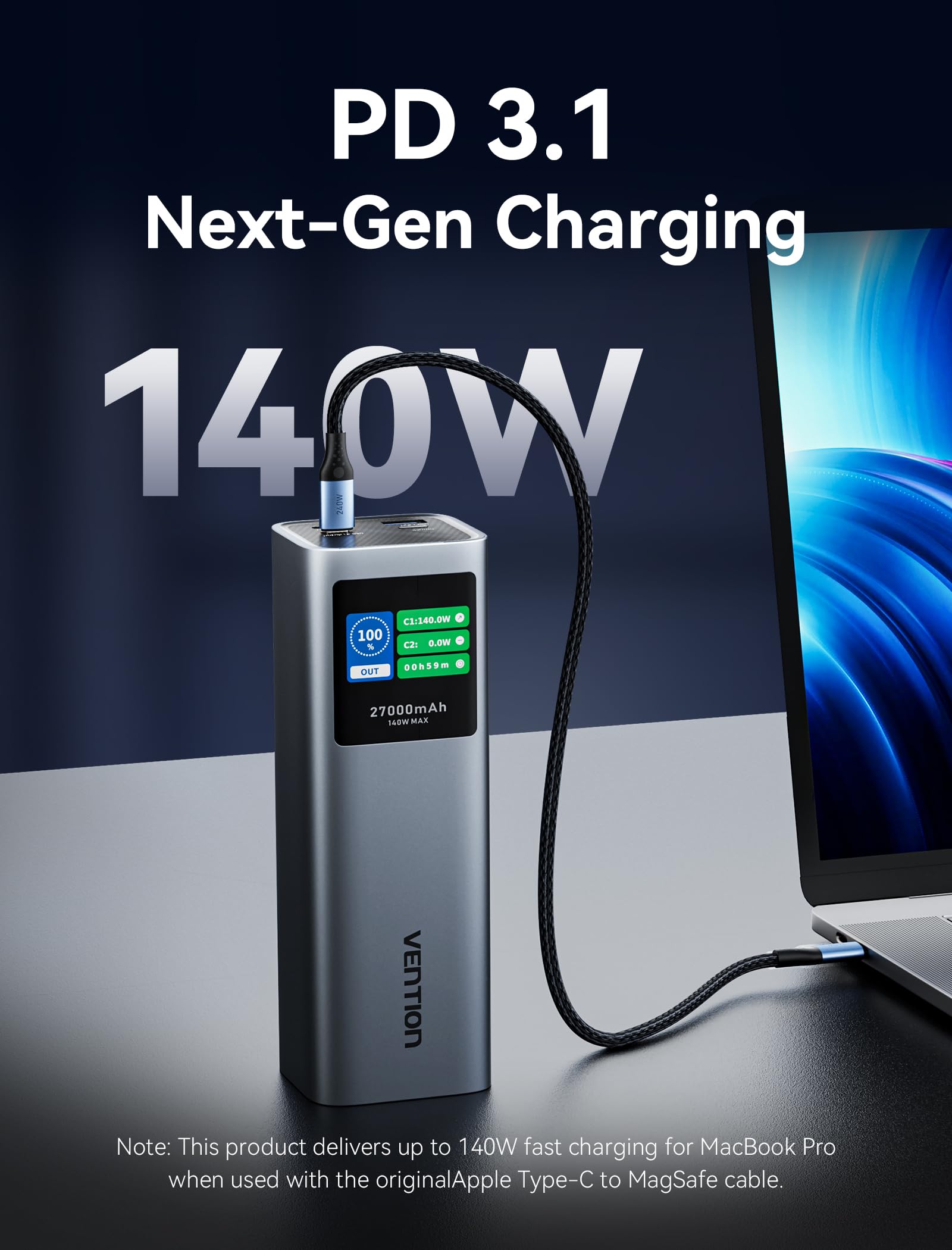 VENTION 27000 mAh 140W Power Bank Schnellladung Tragbarer 3-Fach Ladegerät mit Smart Digital Display, PD3.1 Kompatibel mit Dell, HP Laptops, MacBook Pro, iPhone 15/14/13, iPad Pro, Galaxy S24
