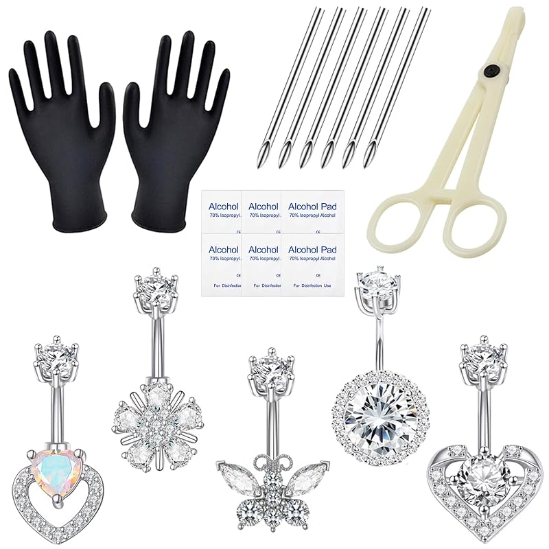 Kit para piercing de umbigo YONGDA com 5 anéis, 6 agulhas 12G, pinça, compressas e luvas