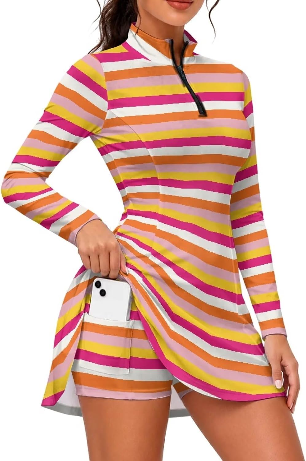 COEQINE Orange Red Retro Stripe Tennis Dresses for Women with Shorts