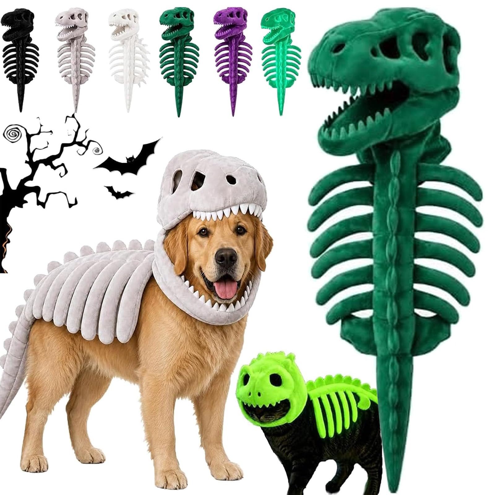 Dog Dinosaur Skeleton Costume, 3D Halloween Pet Outfit (green,120 cm)