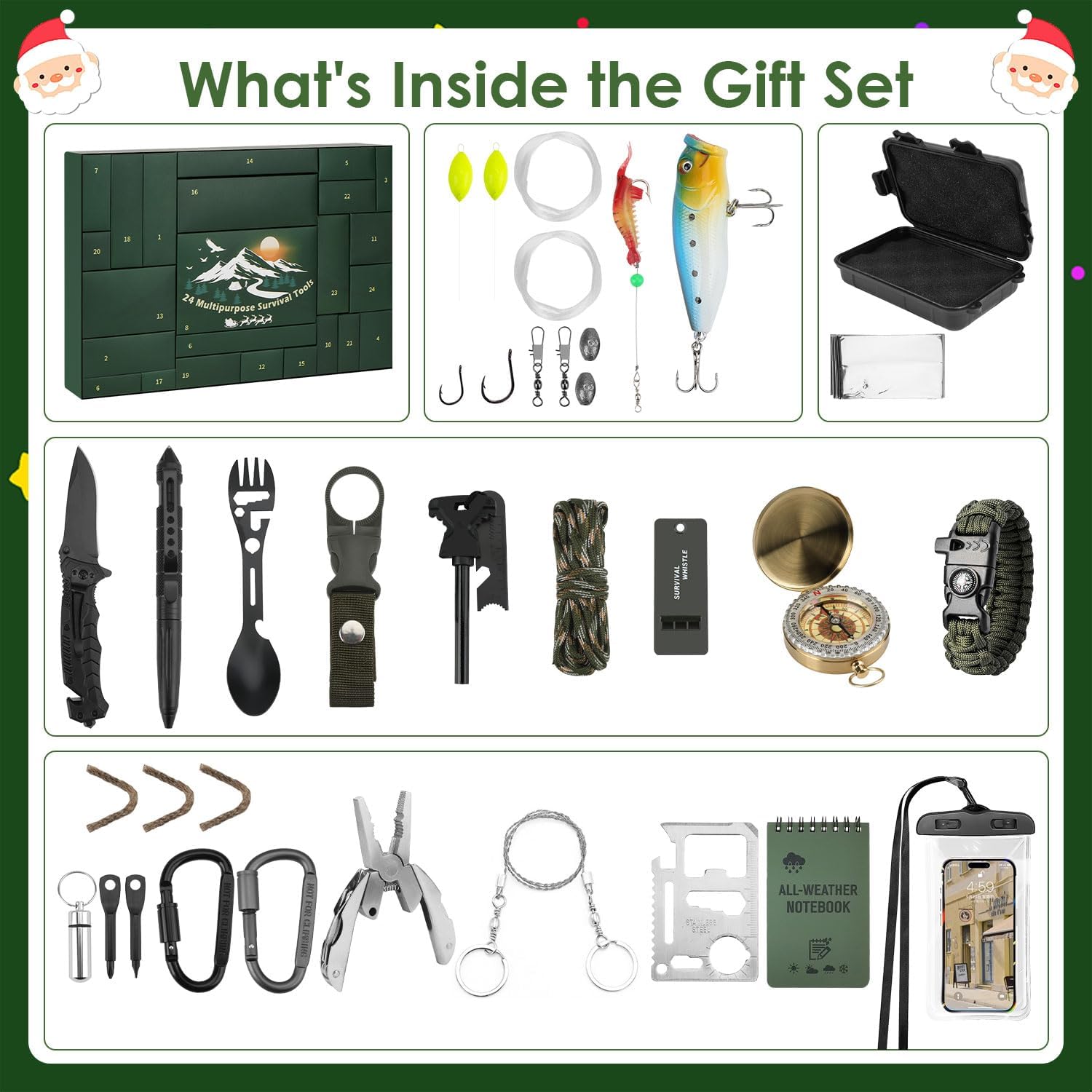 Survival Kit Advent Calendar for Men, 24 Days Christmas Countdown Calendar for Adults Survival Tools Gear Gift for Camping, Fishing, Hunting, Hiking - Image 6
