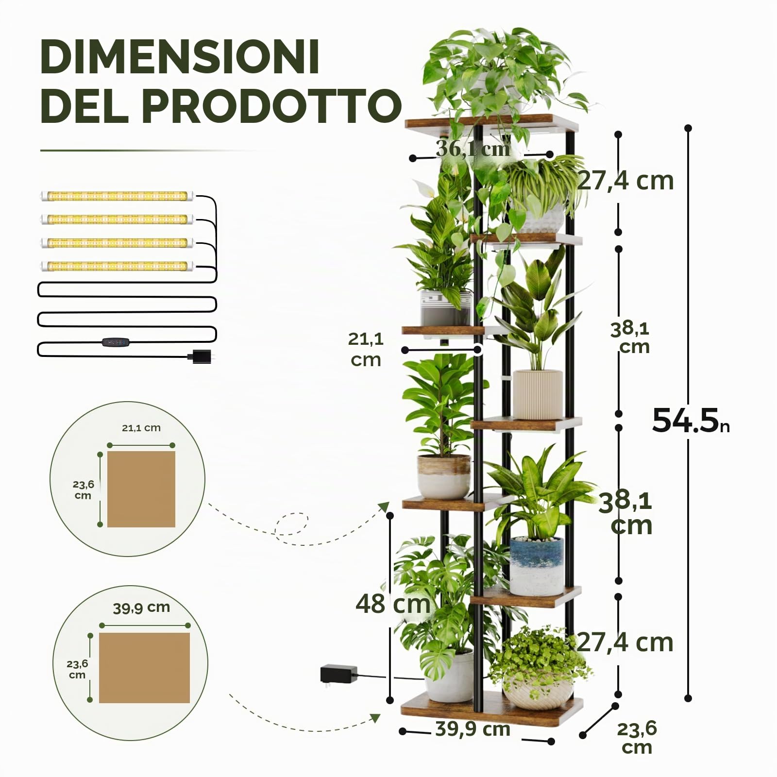 Bamworld Mensola per piante con luce crescente per piante da interno, angolo a 7 livelli, supporto per piante in metallo, supporto per fiori in legno per casa, soggiorno, decorazione patio
