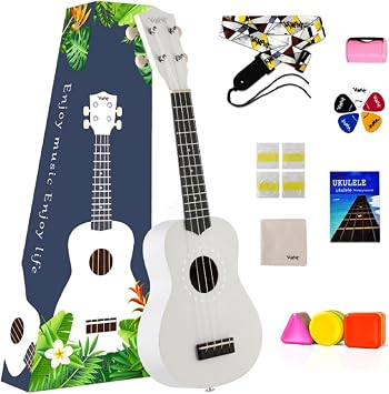 مجموعة Ukulele Egg Shaker Soprano Ukelele 21 Basswood Ukulele للأطفال البالغين المبتدئين Hawaiian Saprano Uke مع مجموعة Ukele المبتدئة، بما في ذلك اختيارات حزام حقيبة الحفلة، قطعة قماش لتنظيف كتاب الأغاني، أبيض