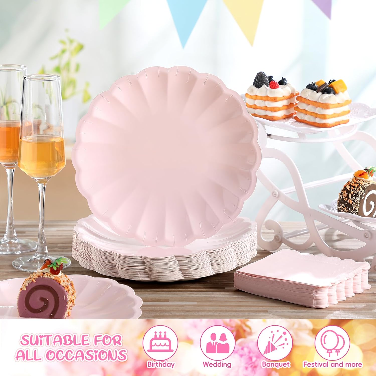 100 Pcs Scalloped Paper Plates and Napkins Set Include 50 Pcs 9.5 Inch Large Scalloped Plates 50 Disposable Napkins 5 x 5 Inch for Birthday Dinner Wedding Picnic Party Supplies (Light Pink) - Image 4