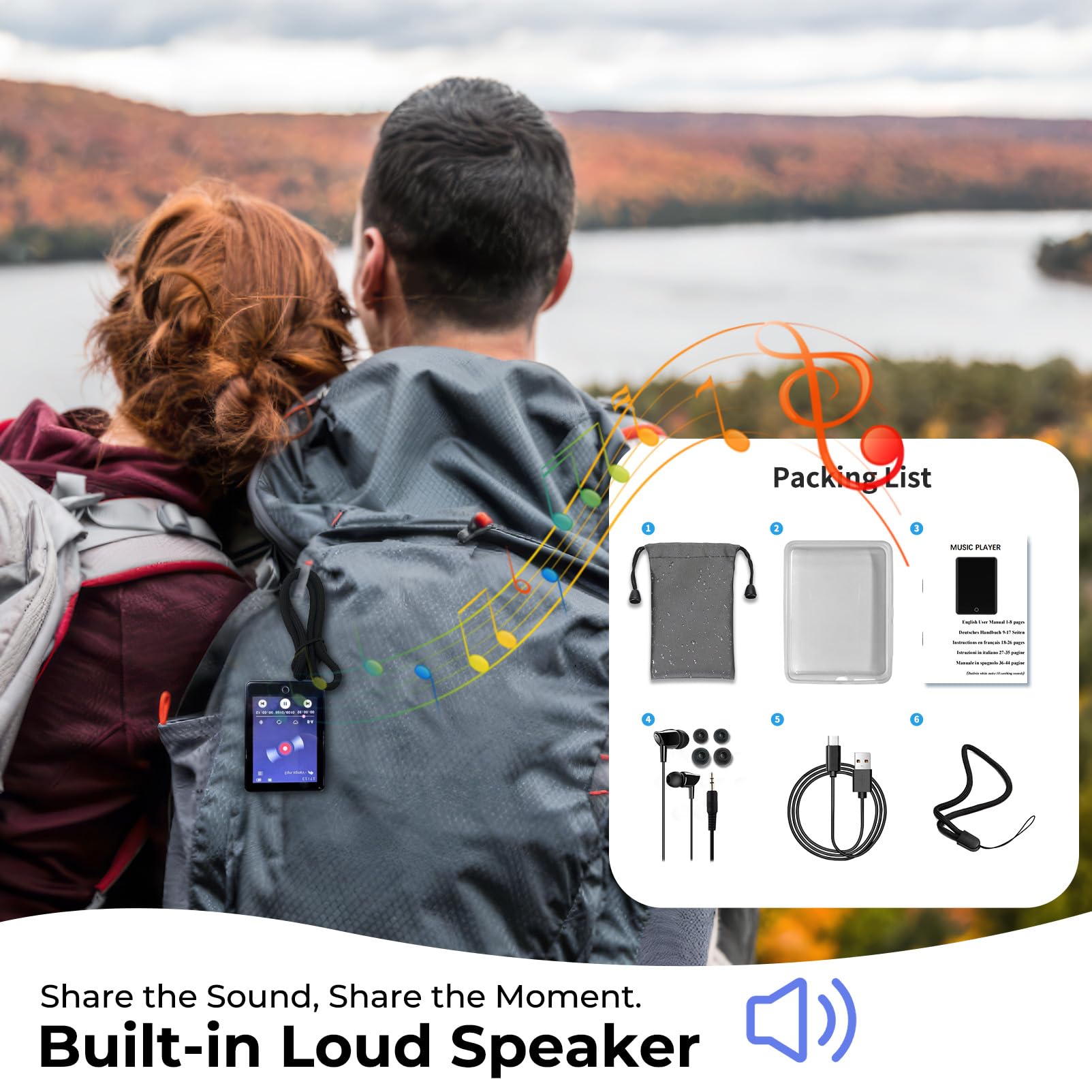 64GB MP3 Player Bluetooth 5.3, 2,8 Zoll Touchscreen, Zinkgehäuse, HiFi-Klang & Lautsprecher, 48h Akkulaufzeit, Weißes Rauschen (18 Klänge), inkl. Kopfhörer & Tasche,Schwarz