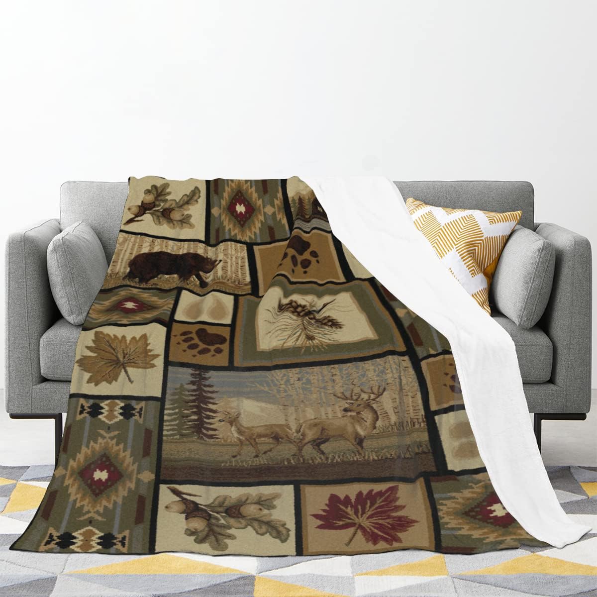 Retro Animal Flannel Fleece Blanket，Vintage Rustic Deer Bear Elk Cottage Country Style Ultra-Soft Microfiber Throw Blanket for Sofa, Couch & Bed Bedroom Decor 60x80in