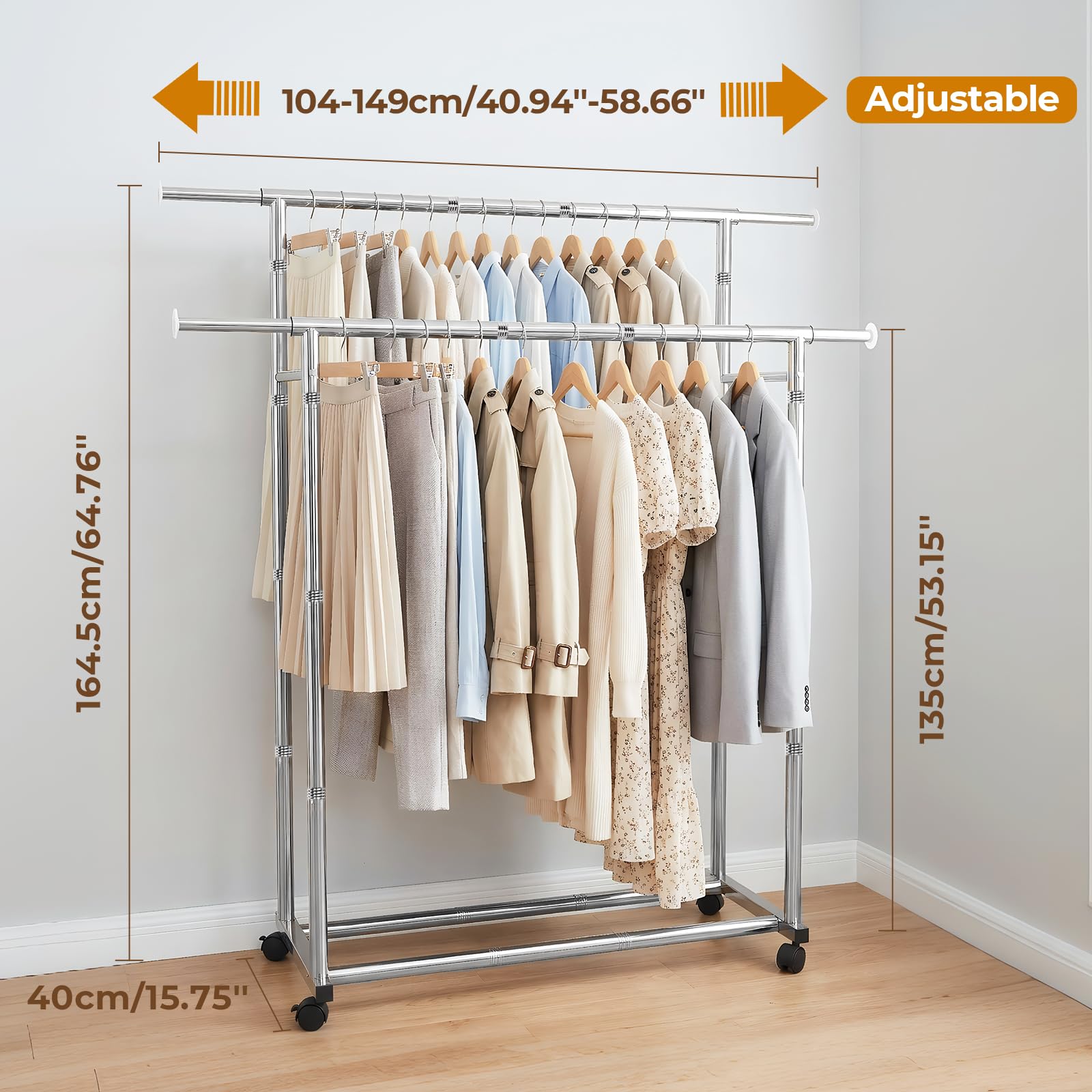 Perchero de acero inoxidable móvil extensible ajustable, doble barra de metal con estante de almacenamiento, barra de ropa para dormitorio, color plateado, 165 x 40 x (104-149) cm