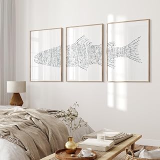 Minimalist Fishing Wall Art Canvas 3 Pieces Trout Fish Poster Trout Lake Fish Prints Painting Pictures Framed Artwork for Lake House Coastal with Inner Frame