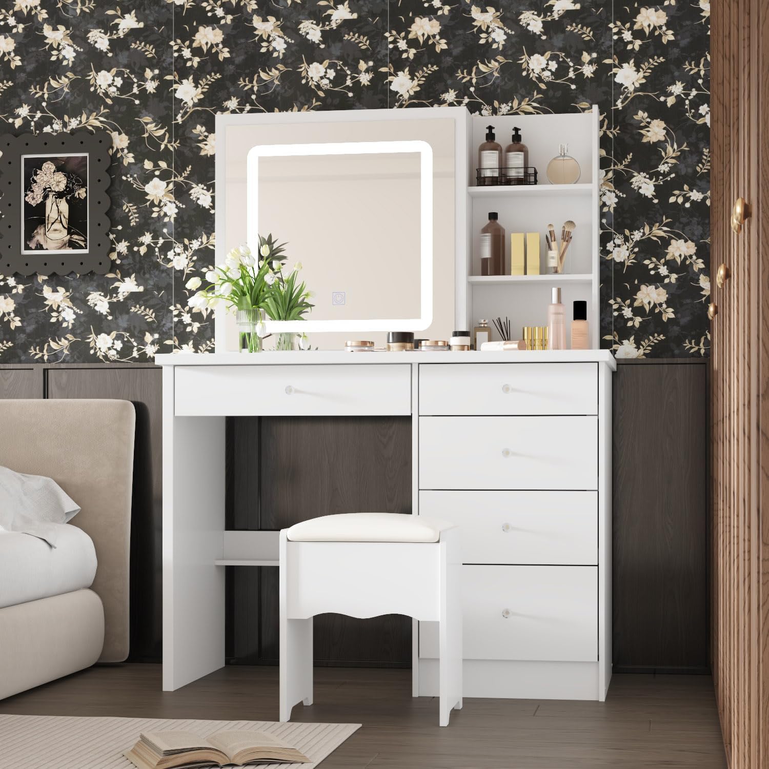 Timechee Vanity Mirror with Lights, Vanity with Chair, Make up Table Desk with Storage Drawers, Large Shelves, Stool and Sliding Mirror for Bedroom, Dressing Room, White