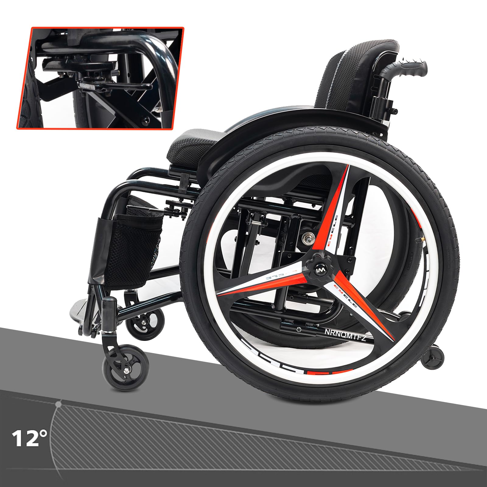 Sedia a Rotelle Sport All'Aria Aperta, Sedia a rotelle pieghevole Super-leggera da transito in alluminio,Carrozzina disabili ad autospinta con freno a mano,carico 100 kg(Seat width 40cm/15.7in,Black)