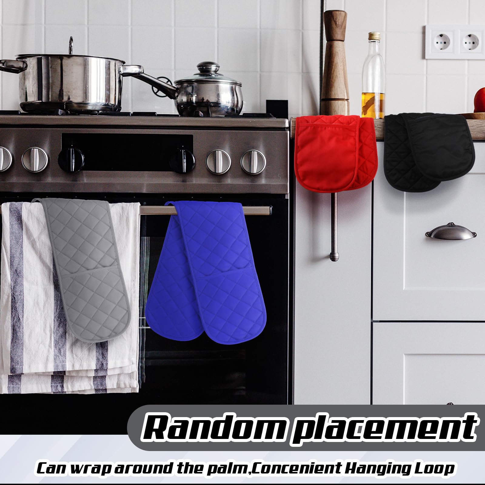 TecUnite Juego de 4 manoplas dobles de cocina, resistentes al calor, de algodón, color negro, azul, rojo, gris, para cocina en casa