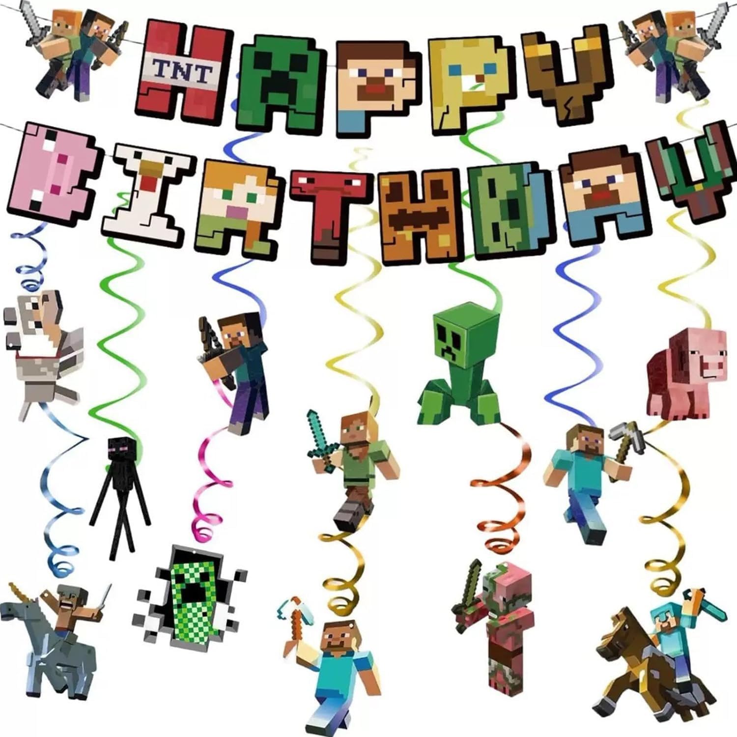 Pixel Miner Style Birthday Decorations, Video Game Hanging Swirls and Happy Birthday Banner, Party Supplies for Boy