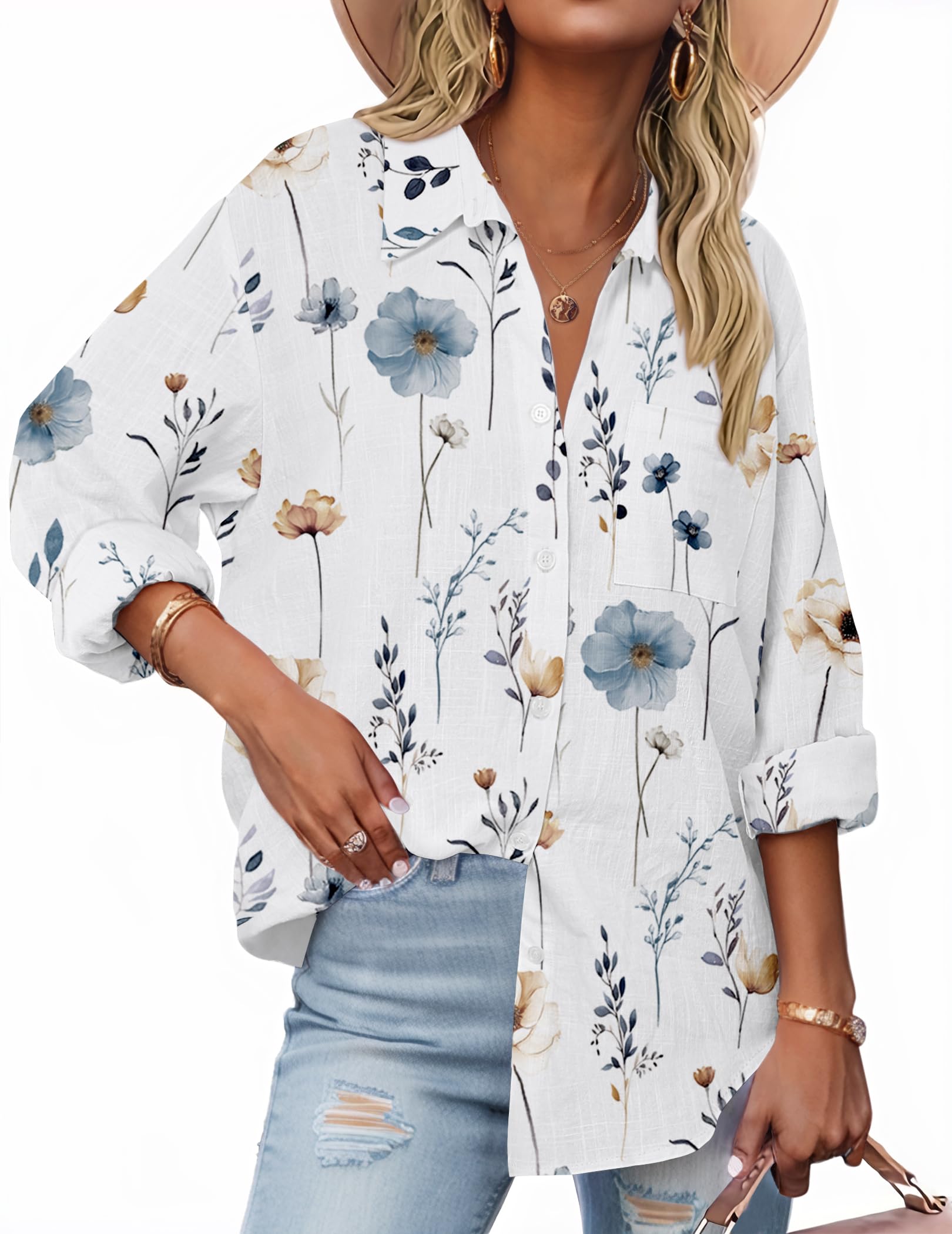 Zeagoo Camicette da donna con bottoni, a maniche lunghe, in garza di cotone, casual, con colletto