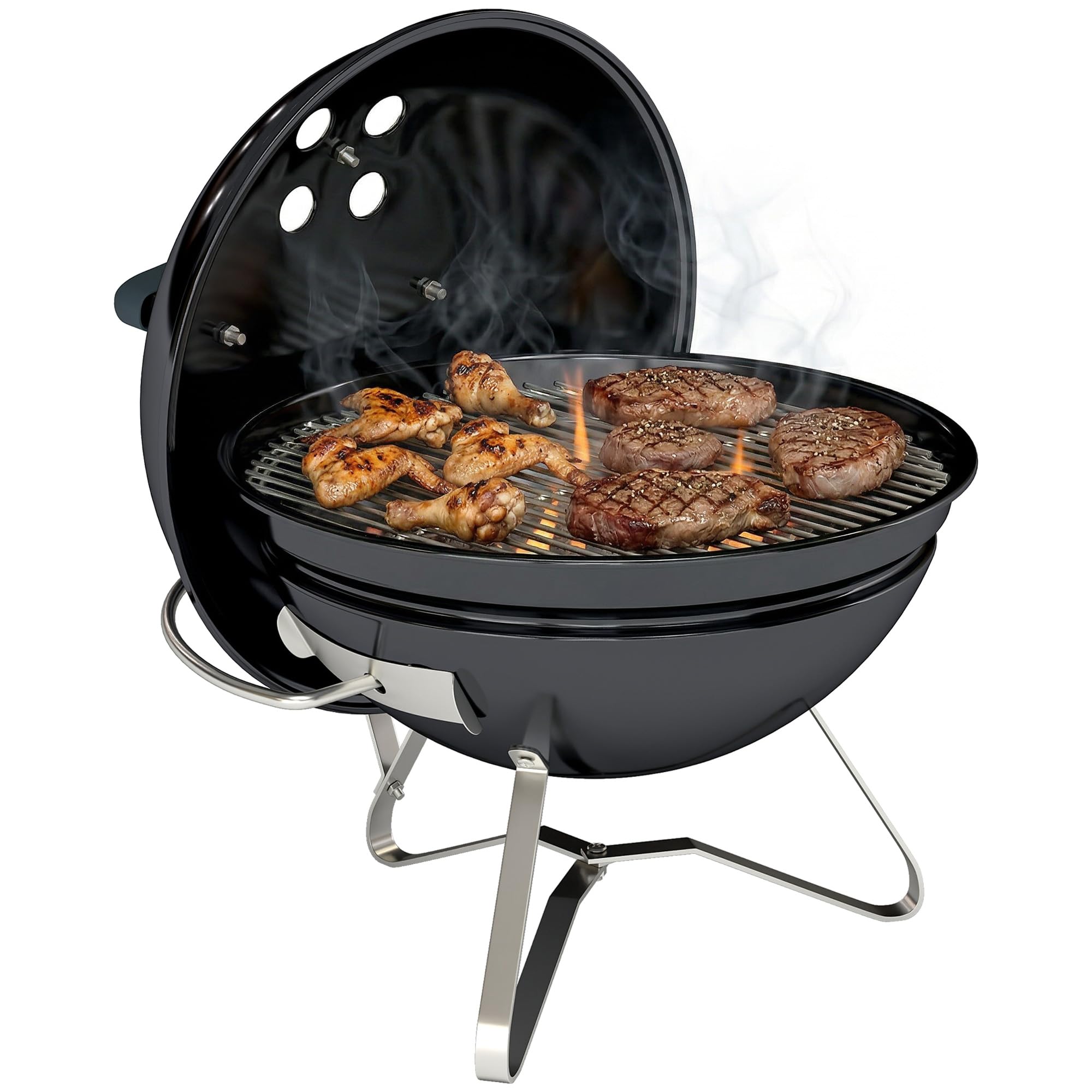 Outsunny Grill na węgiel drzewny, BBQ Smoker z uchwytem pokrywy, przenośny grill kulisty z regulowanymi otworami wentylacyjnymi, grill węglowy na kemping, taras, do ogrodu, 41 x 41 x 44 cm, czarny