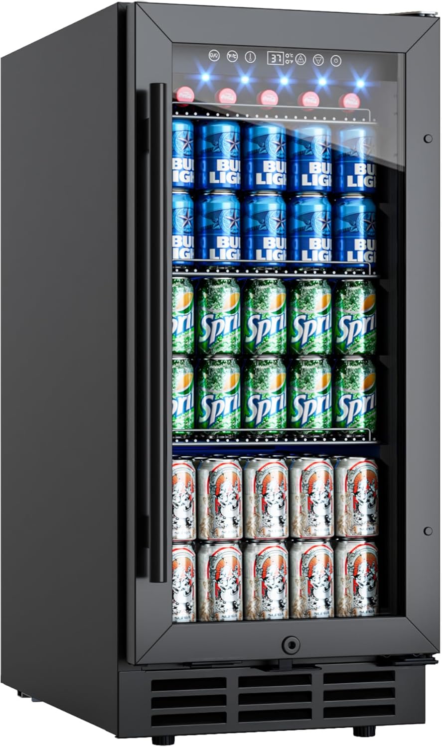 15 Inch Under Counter Beverage Fridge, 130 Cans Beverage Refrigerator for Built-in or Freestanding with Glass Door, LED Light, Beer Fridge for Soda, Water, Wine - Home, Bar or Office(Black)
