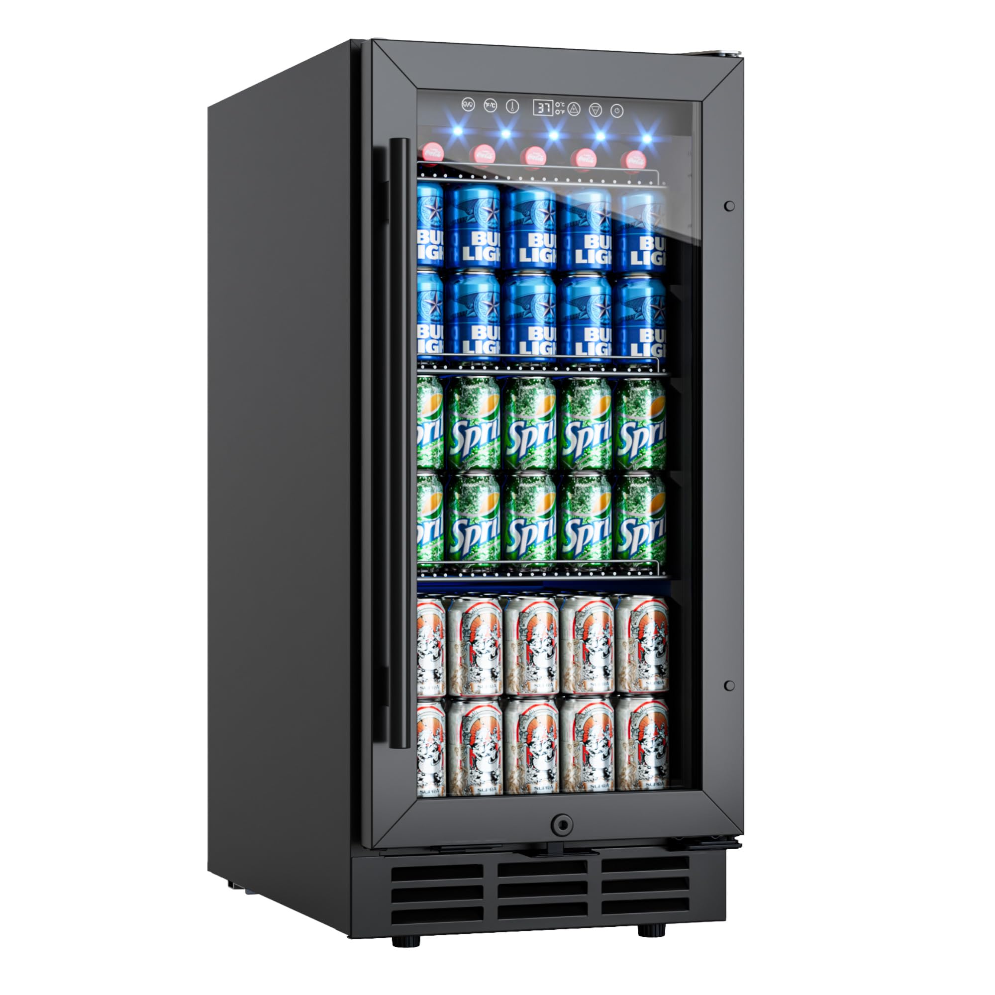 ICEVIVAL 15 Inch Beverage Fridge, 132-Can Capacity Under Counter Refrigerator with Blue LED Display, Beverage Refrigerator with Glass Door & Adjustable Shelves for Home, Bar, Office (Black) on Fridge.com