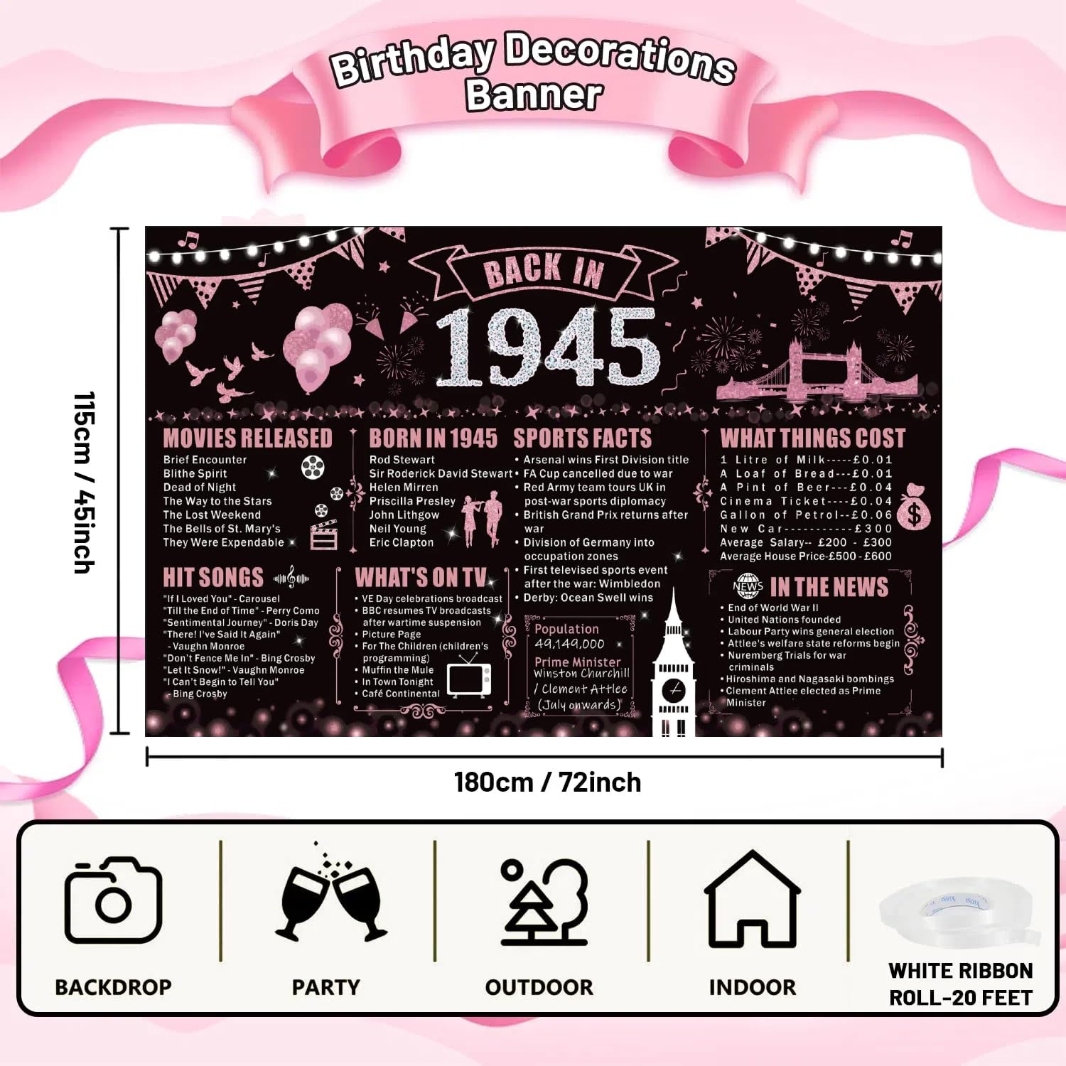 80. Geburtstag Banner 'Back In 1944' – Rosa Partydekoration, 180 X 115 Cm, Polyester, Für Hintergrund Oder Fotoecke