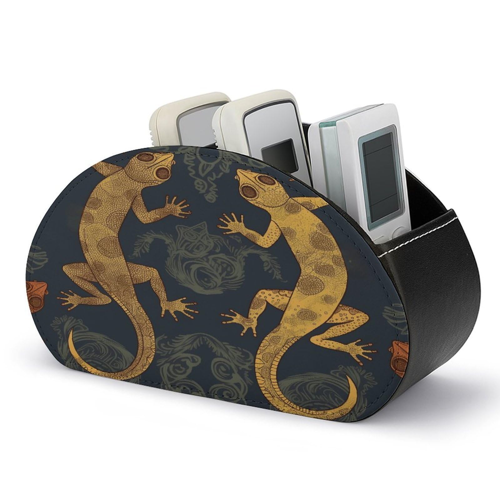 VstaDank Gecko Lizards Remote Control Holder with 5 Compartments PU Leather TV Remoter Caddy Desktop Organizer TV Remote Holder Remote Box for Media Controllers Office Supplies
