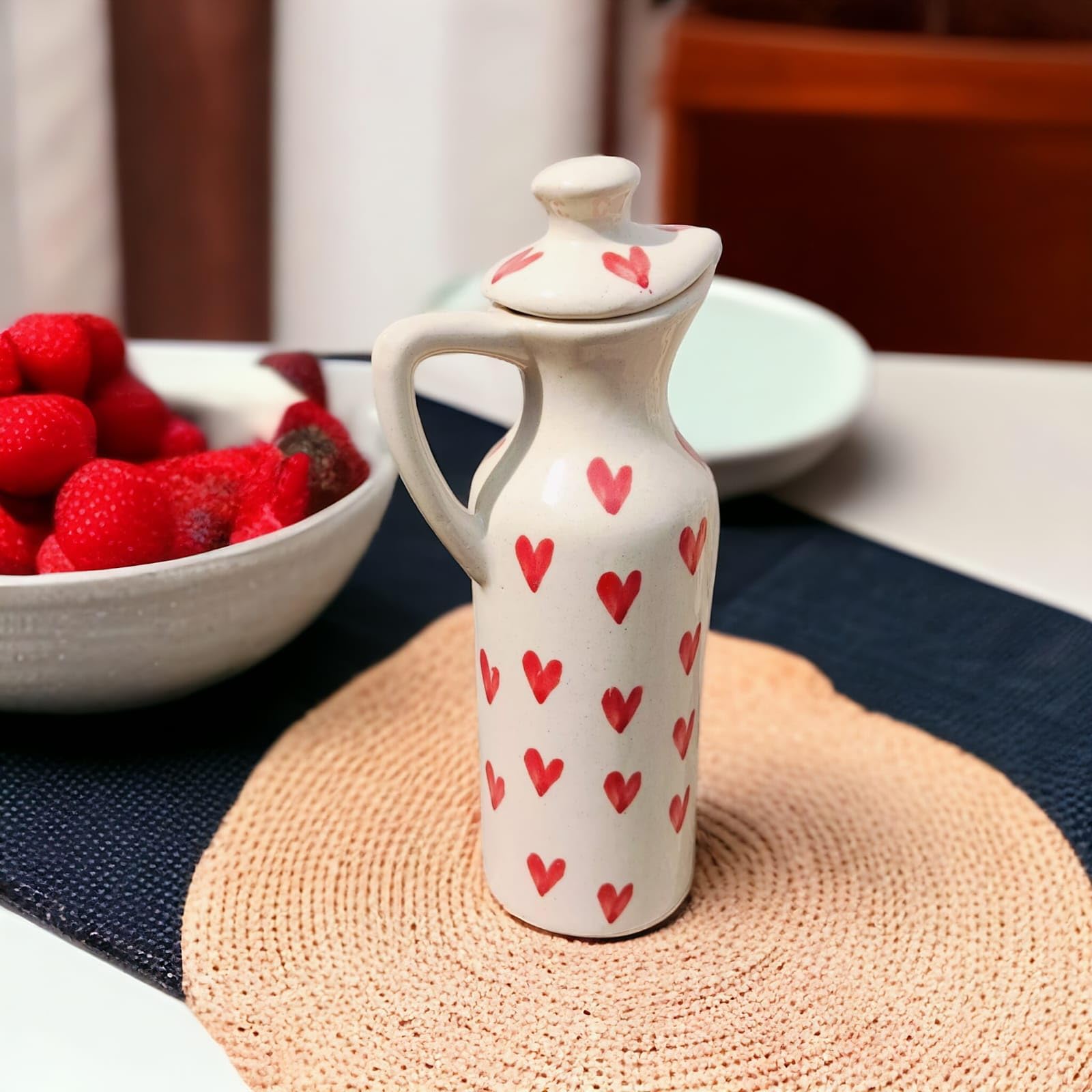 MALAIKAH Ceramic White With Heart Print Oil Dispenser Bottle with Lid, Drip-Free Pouring, 300ml, for Olive Oil, Vinegar & Cooking Oils, Pack Of 1 (Valentine's Day Special)