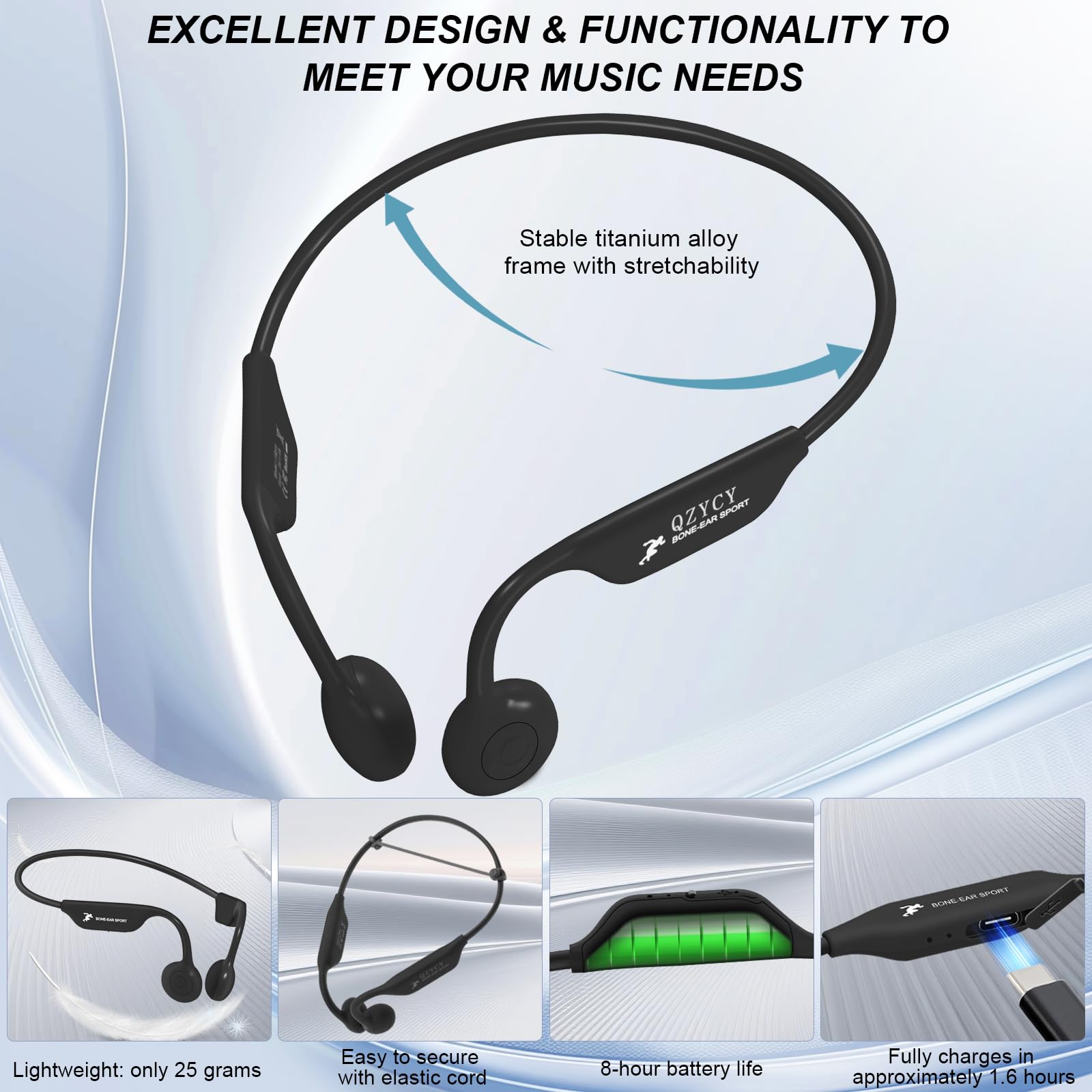 Cuffie a conduzione ossea, cuffie wireless 5.4 aperte con microfono, autonomia di riproduzione 8 ore, tappi per le orecchie, cavo elastico, auricolari impermeabili IPX6, per corsa, ciclismo