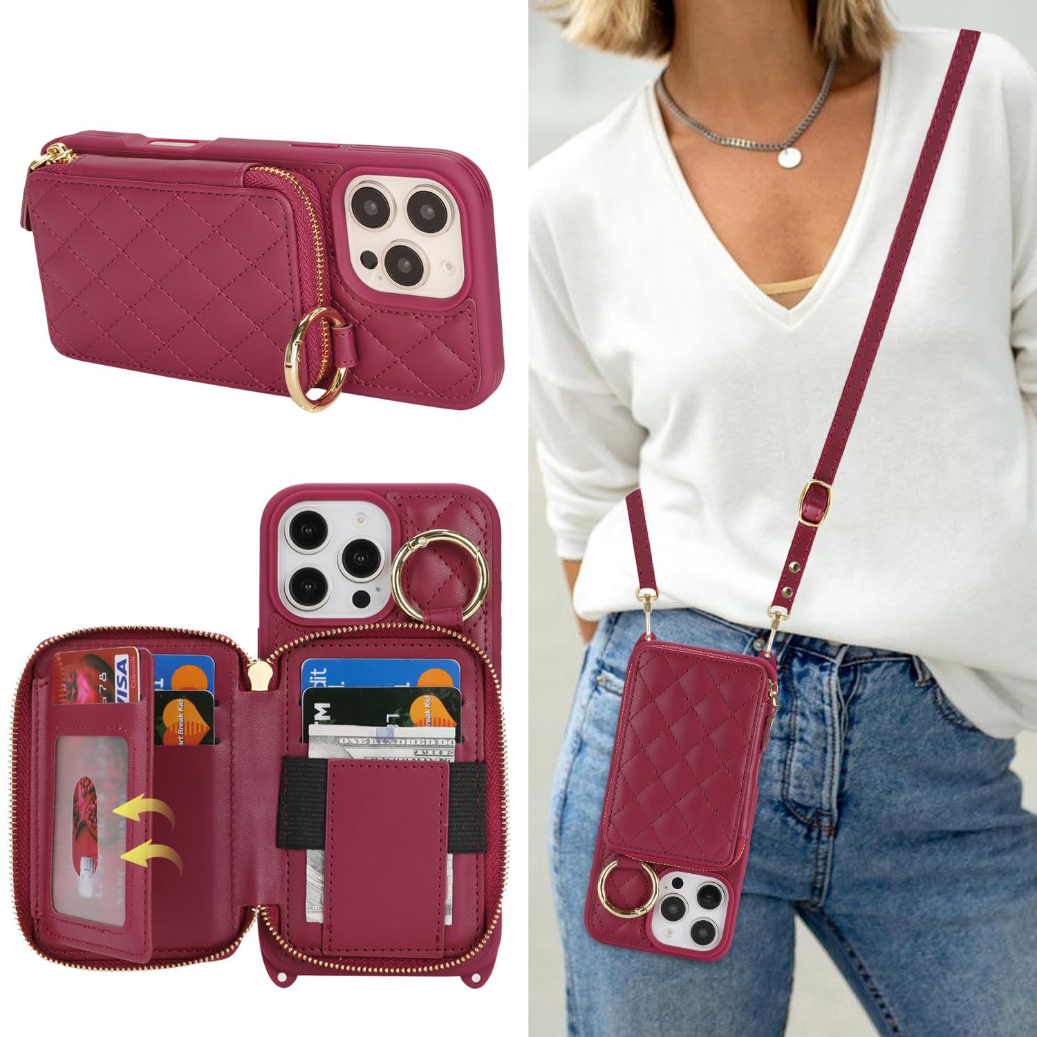 Crossbody Wallet Case for iPhone 16 Pro Max-Dark red