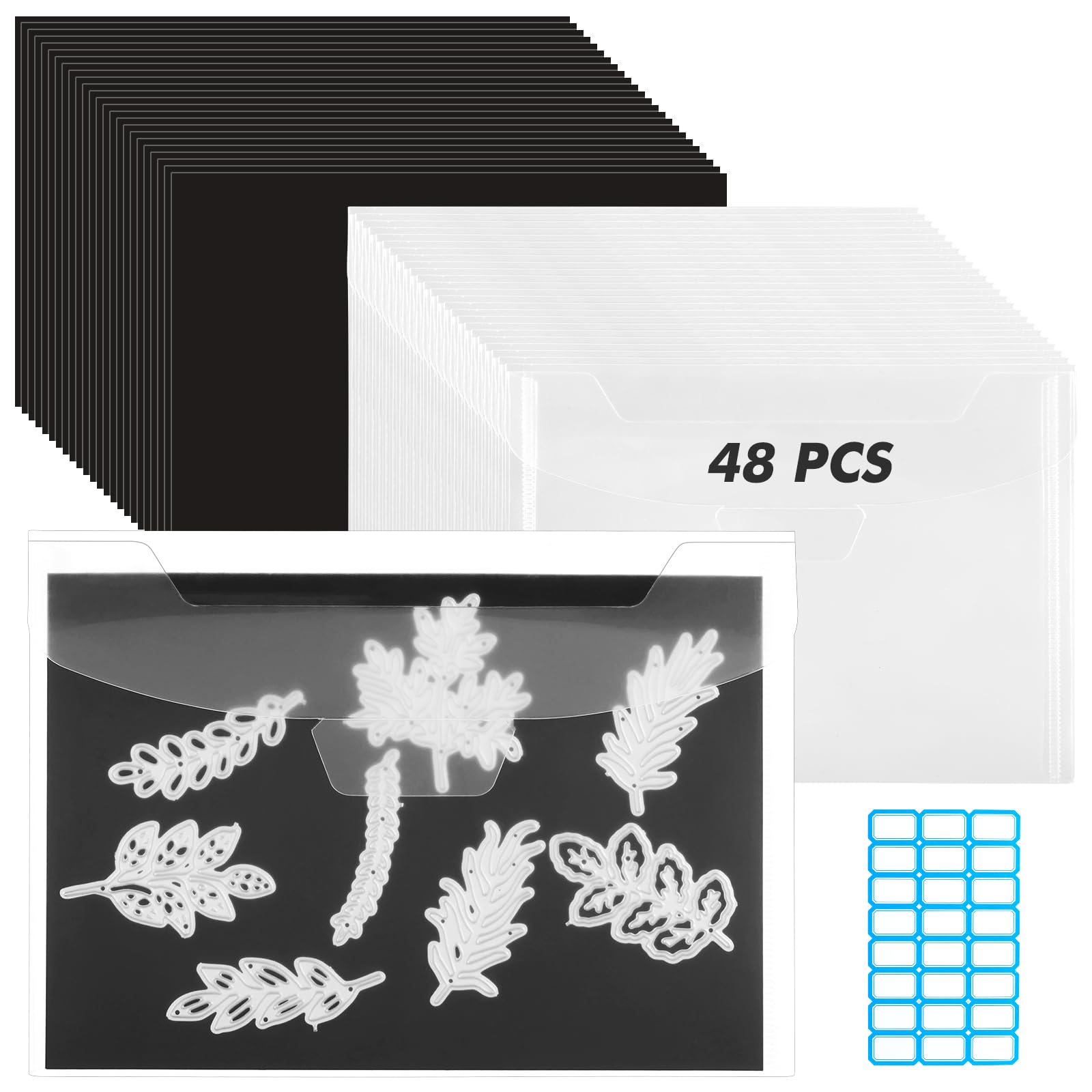 48 Pcs 5 x 7 Inch Magnetic Sheets for Dies Storage 0.6 mm Thickness Non-Adhesive Magnetic Sheets with Die Storage Bags, Die Cut Storage Essential Set (24 Pcs Sheets+24 Pcs Pockets+Label Stickers)