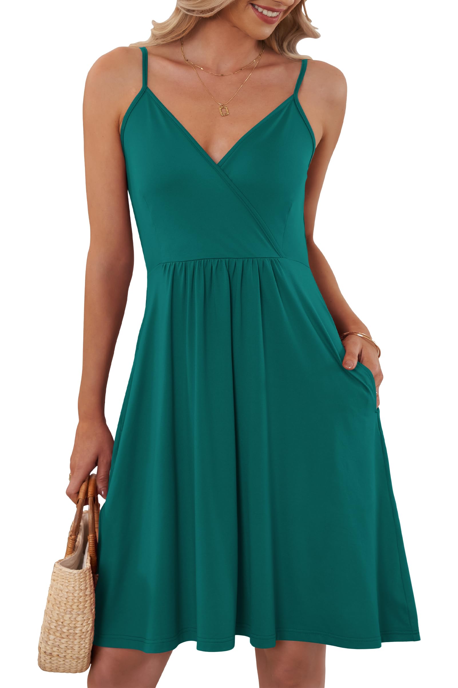AUSELILY Summer Dress for Women UK Spaghetti Strap V Neck Sleeveless Casual Beach Dresses with Pockets Dark Green XXL