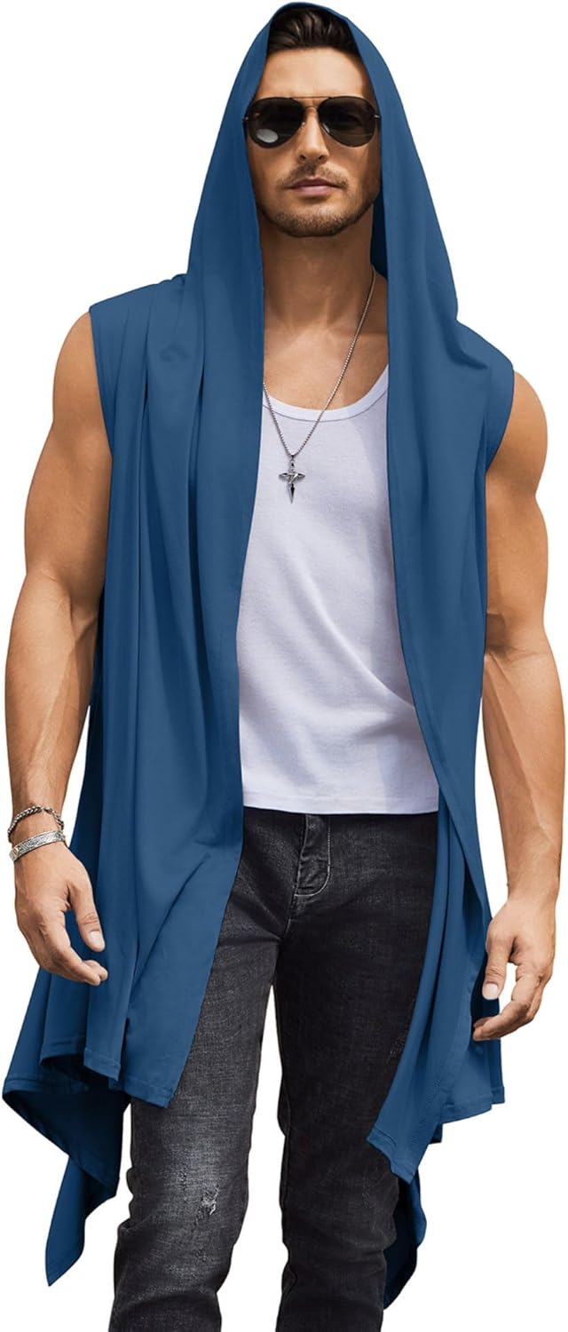 COOFANDY Men's Long Hooded Cardigan Sleeveless Ruffle Shawl Collar Lightweight Open Front Drape Kimono Vest