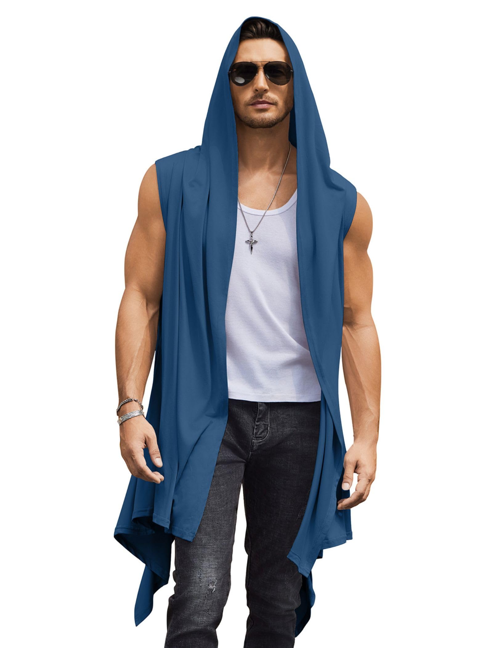 coofandy Men's Long Hooded Cardigan Sleeveless Ruffle Shawl Collar Lightweight Open Front Drape Kimono Vest-picture-32