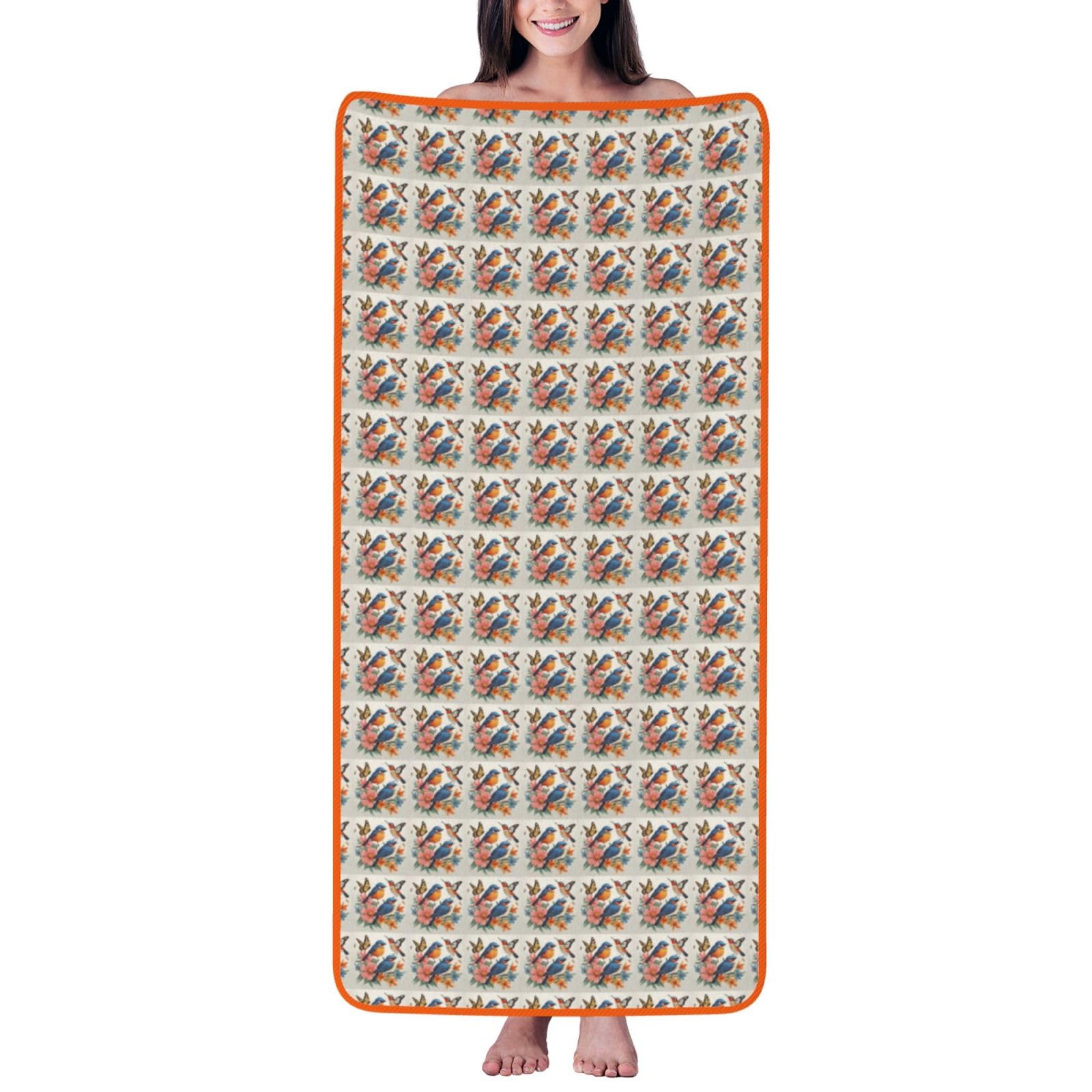 Ztpowqa Women's Orange Birds Flowers Butterfly Print Coral Velvet Bath Towel For Home Gym Lounging Bathroom Spa Hotel Beach Travel