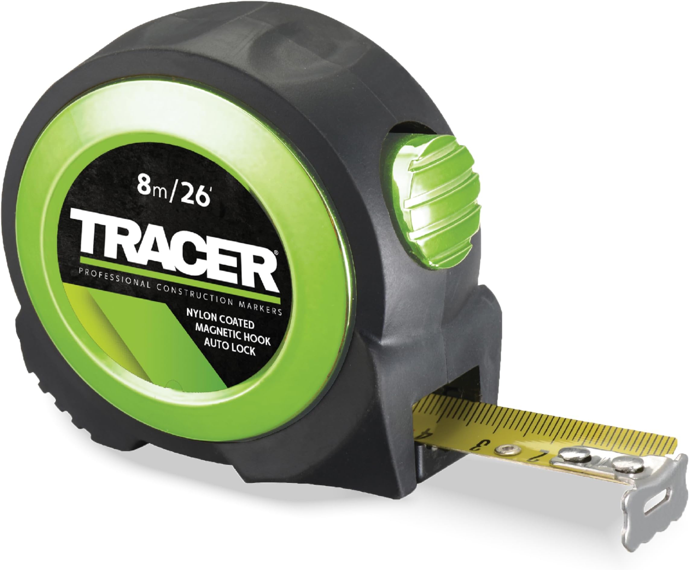 TRACER 8m Auto-Lock Tape Measure (Nylon coated Tape Measure with magnetic hook and auto-lock feature)