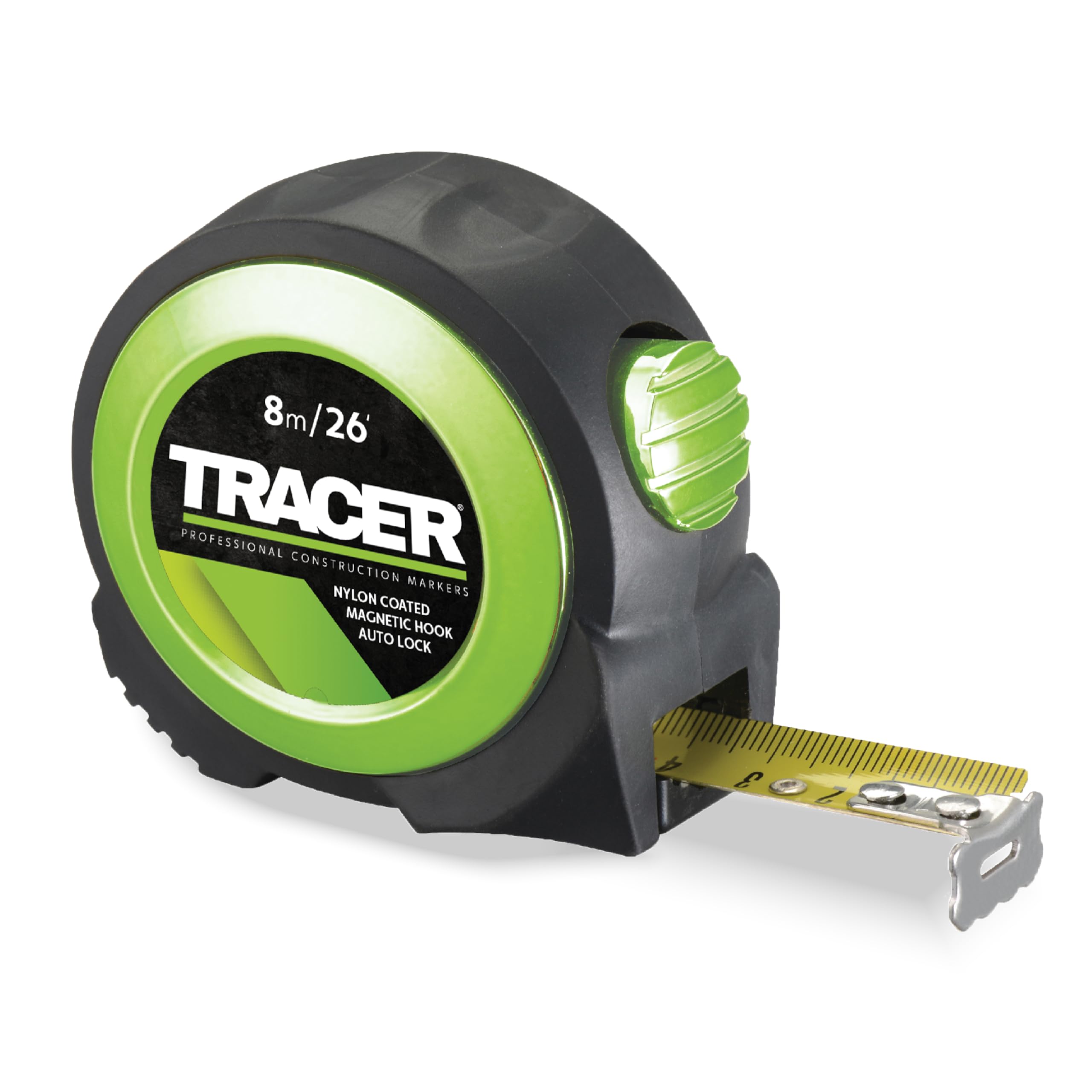 8m Auto-Lock Tape Measure (Nylon coated Tape Measure with magnetic hook and auto-lock feature)