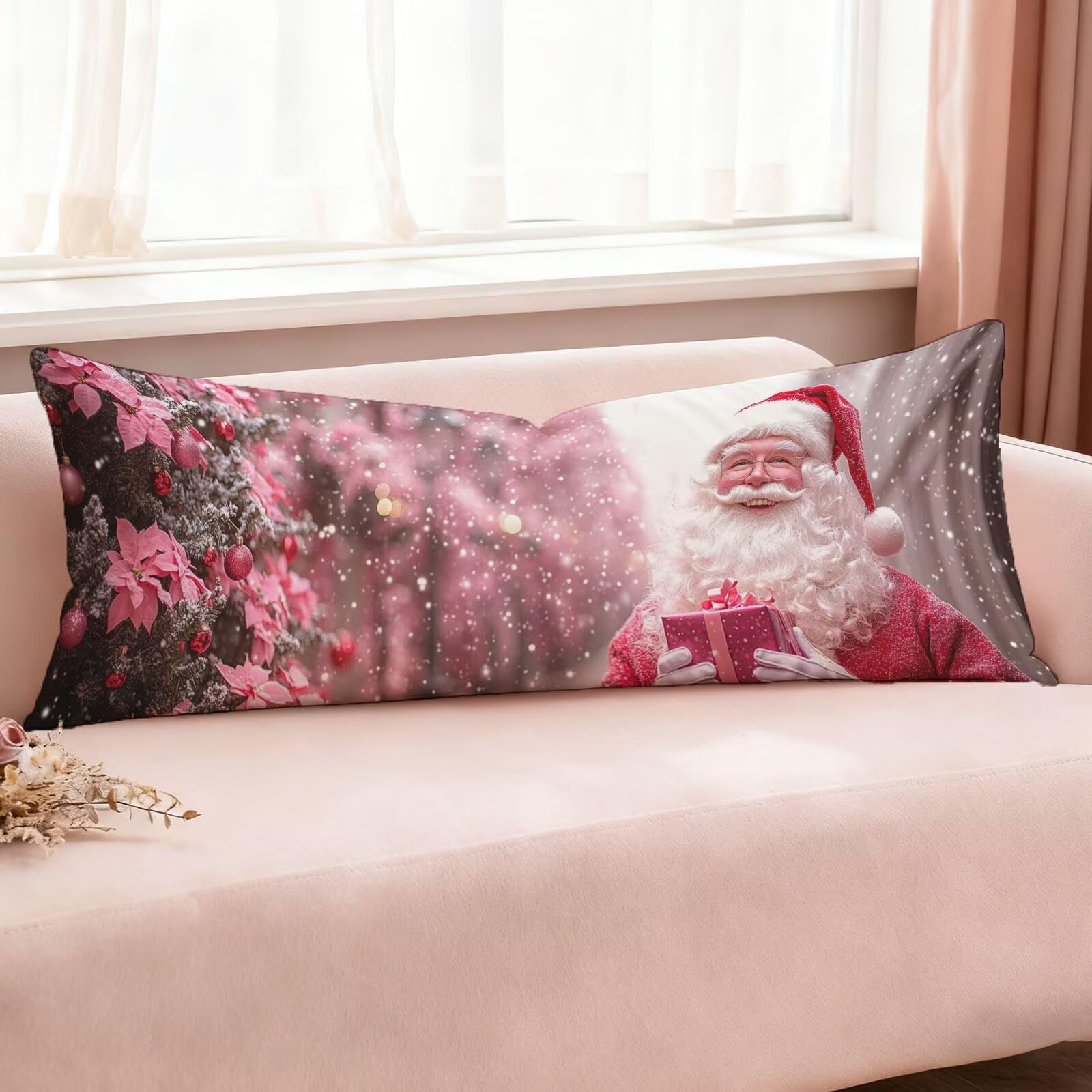Poszewki na poduszki do łóżka 60 x 180 cm Poszewki na poduszki różowe poszewki na poduszki łóżko Święty Mikołaj aksamitna poszewka na poduszkę na sofę, miękka i oddychająca dwustronna poszewka na